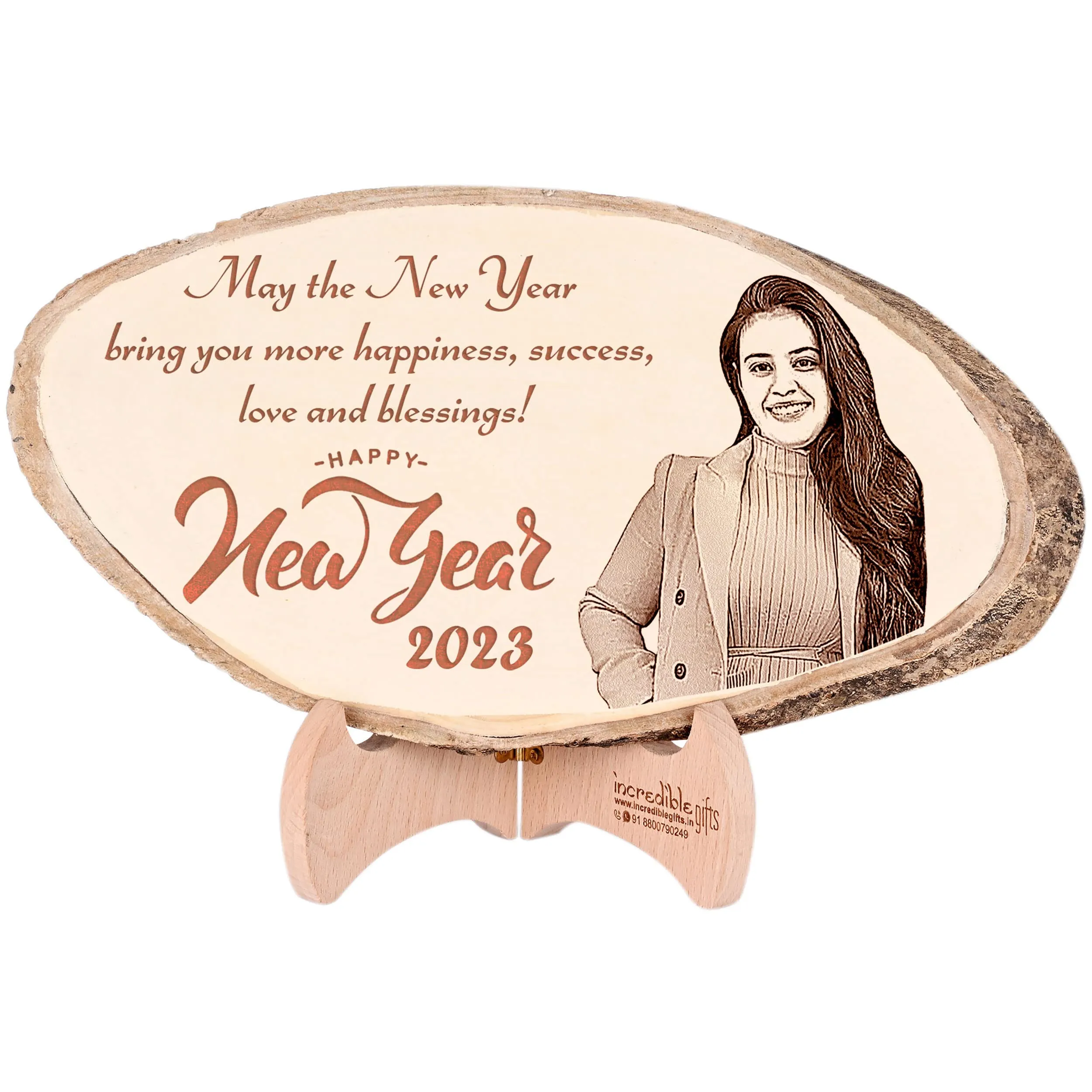 Incredible Gifts India Personalized Natural Wooden Plank - Customized Engraved Gift For New Year (10-15 Inches)