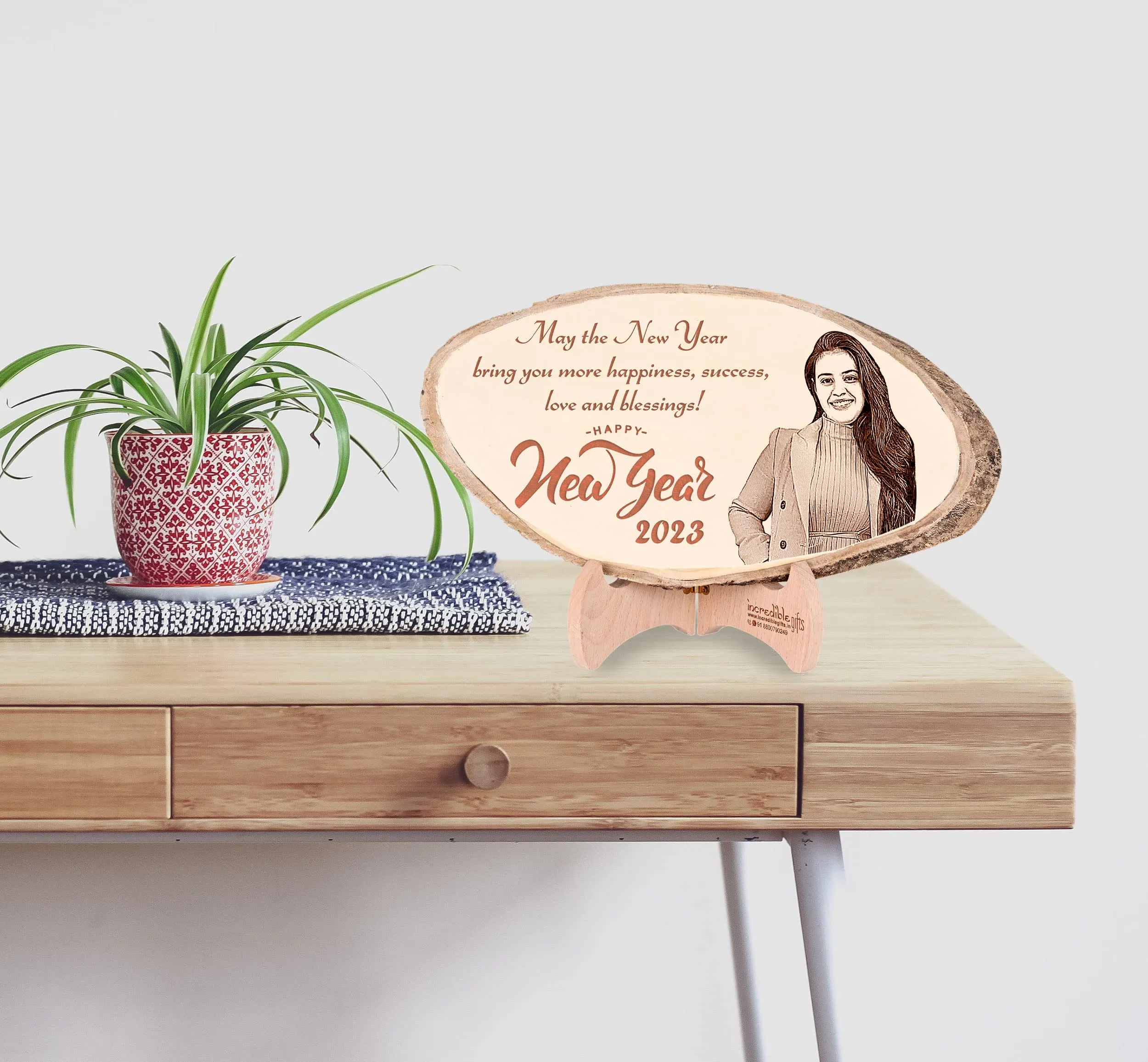 Incredible Gifts India Personalized Natural Wooden Plank - Customized Engraved Gift For New Year (10-15 Inches)