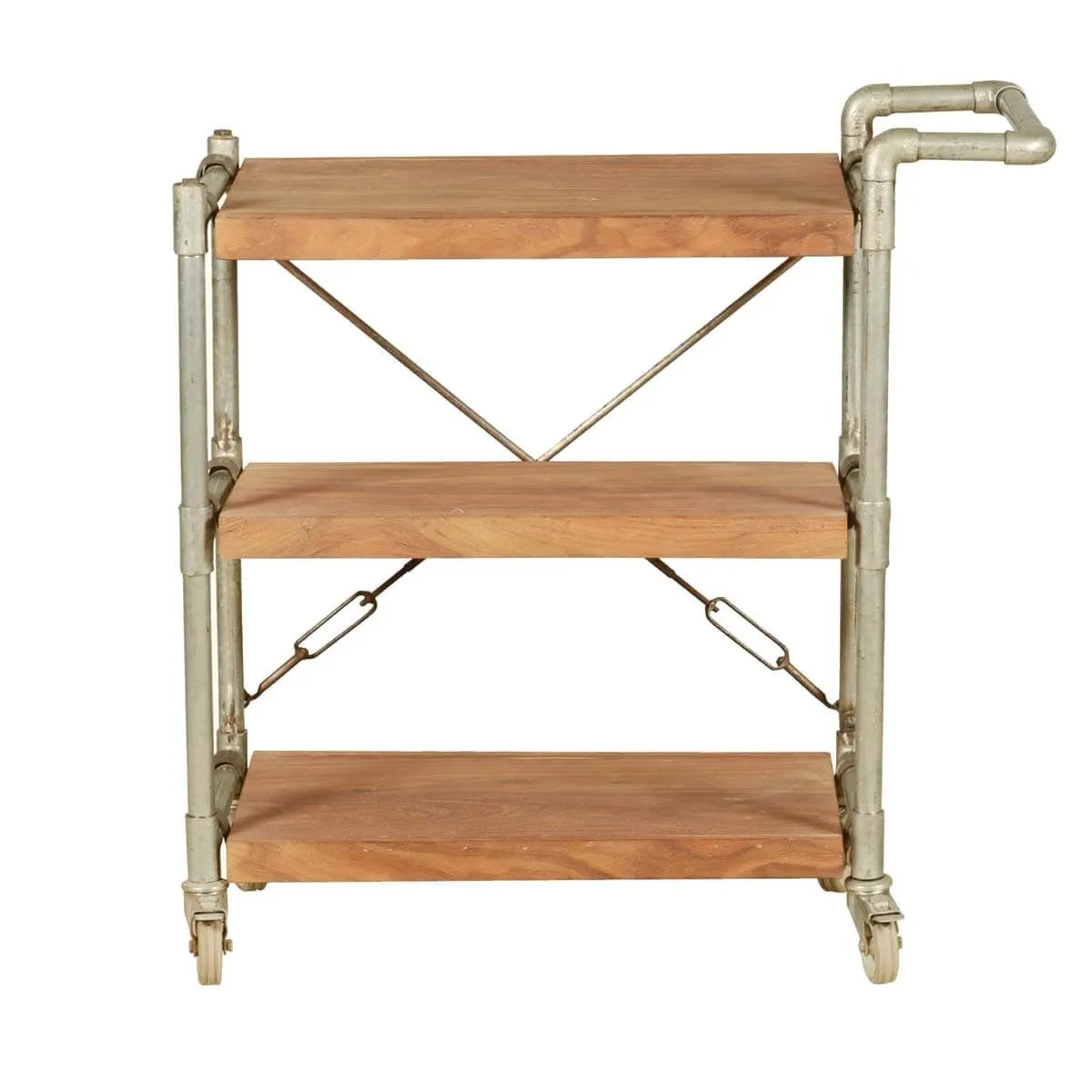 Industrial Mango Wood & Iron 3-Tier Rolling Tea Cart w Handle