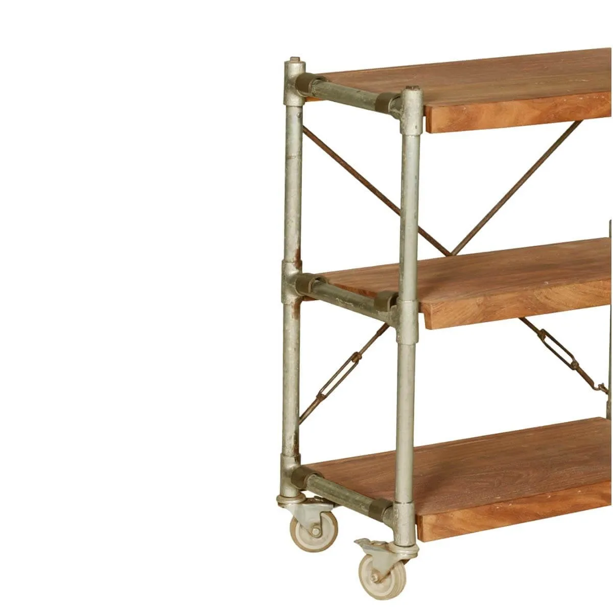 Industrial Mango Wood & Iron 3-Tier Rolling Tea Cart w Handle