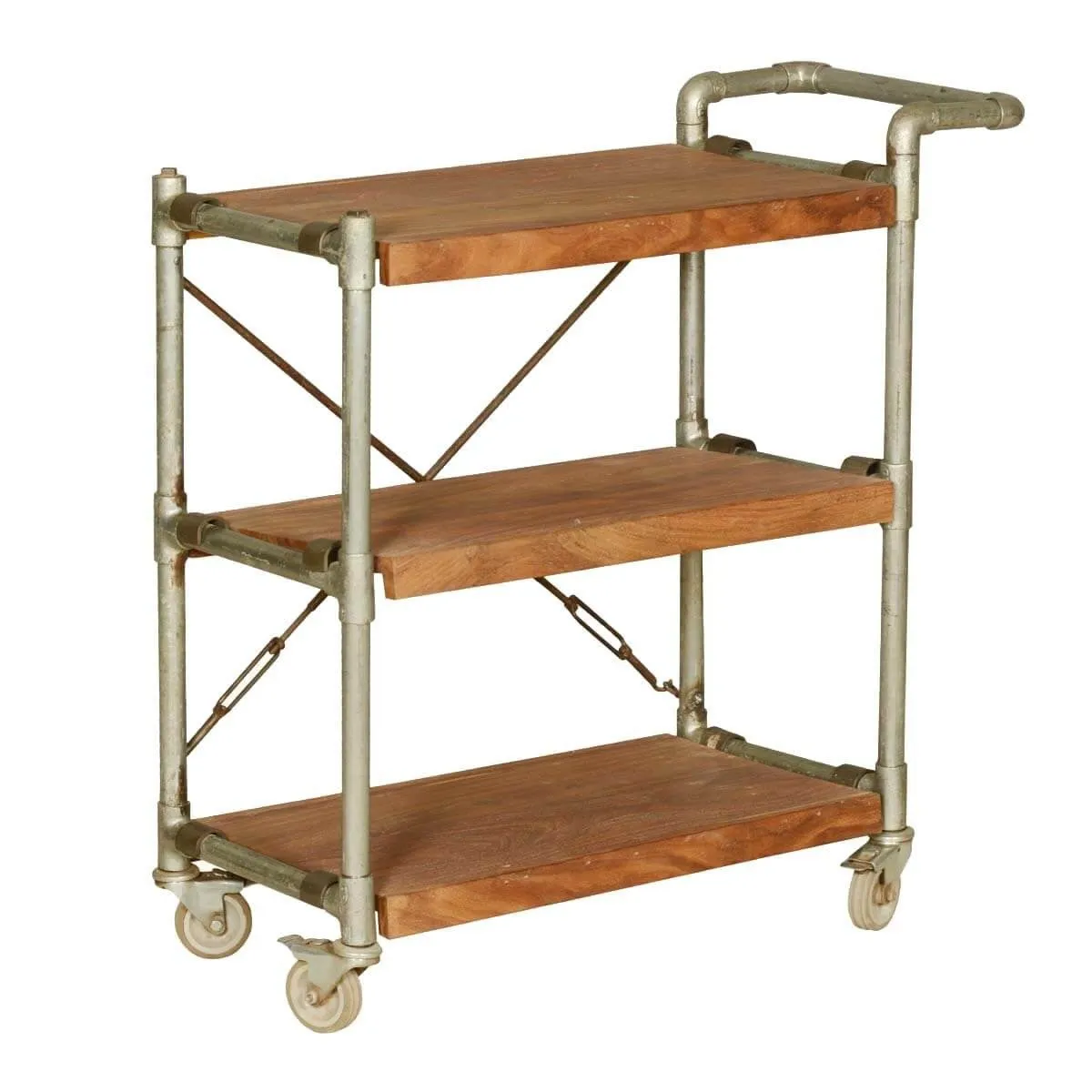 Industrial Mango Wood & Iron 3-Tier Rolling Tea Cart w Handle