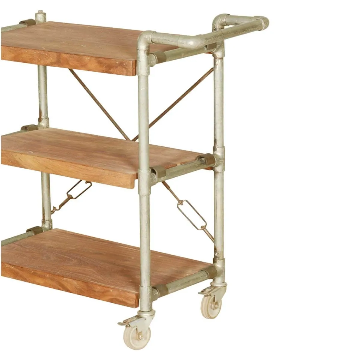 Industrial Mango Wood & Iron 3-Tier Rolling Tea Cart w Handle