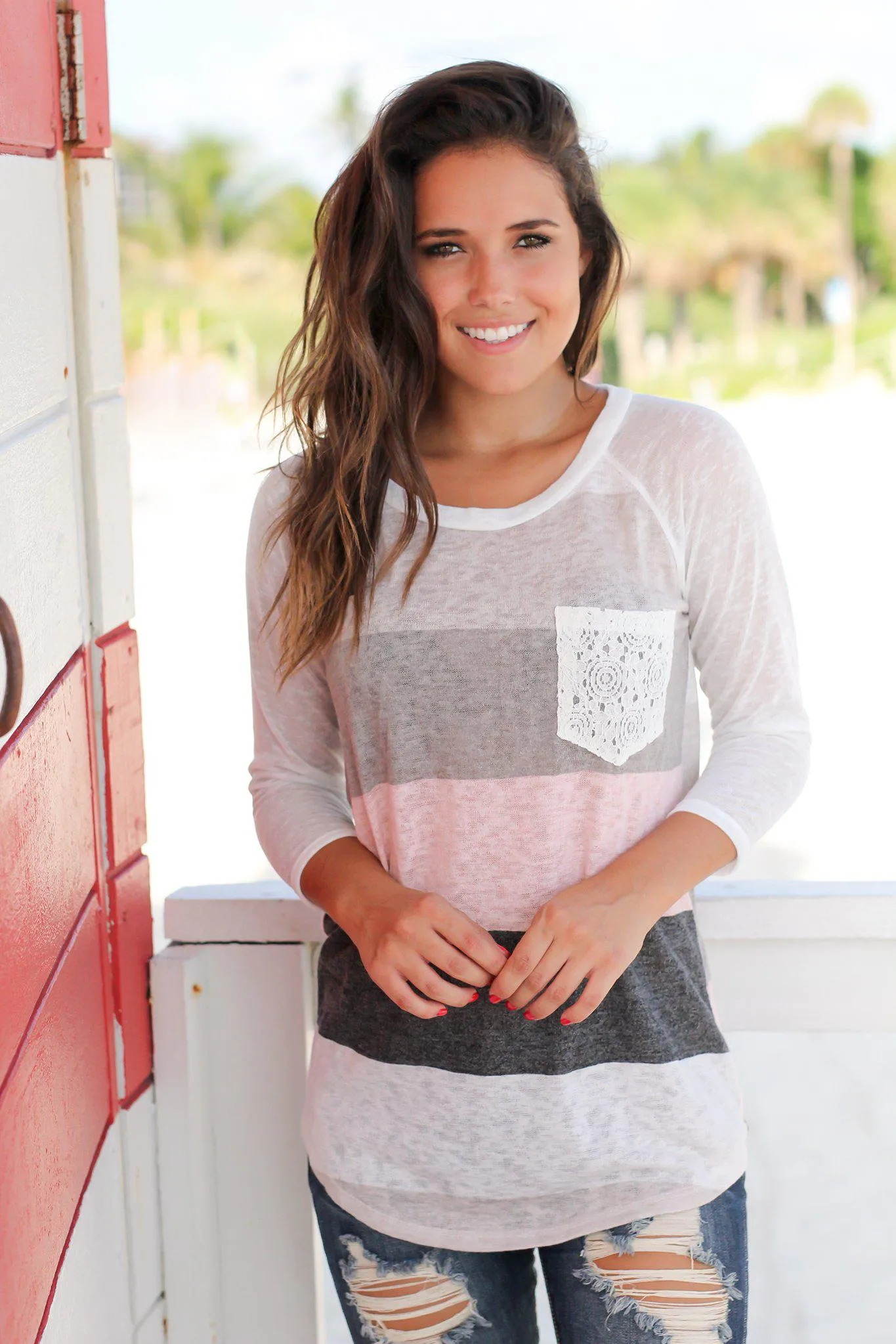 Ivory And Pink 3/4 Sleeve Top with Crochet Pocket