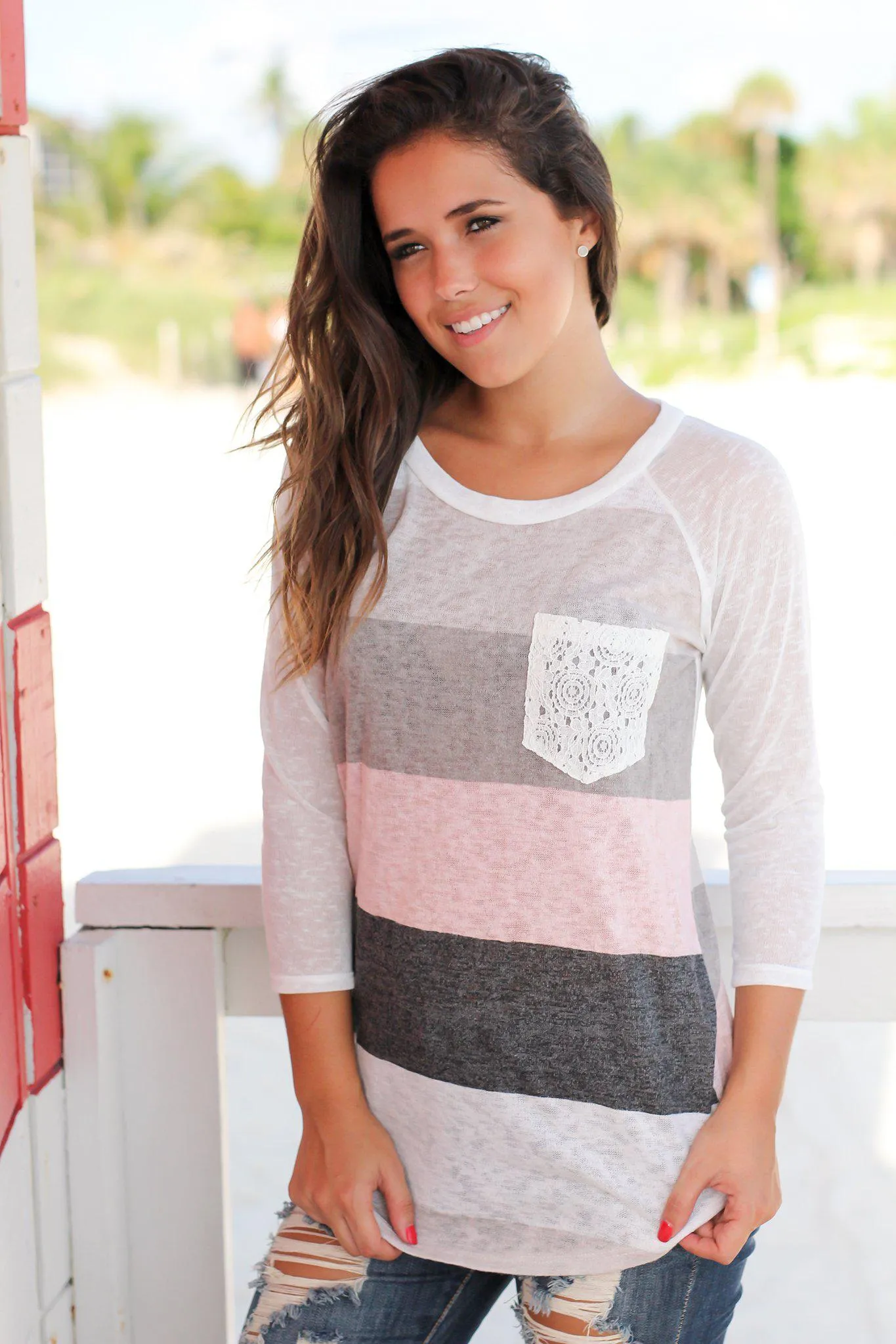 Ivory And Pink 3/4 Sleeve Top with Crochet Pocket