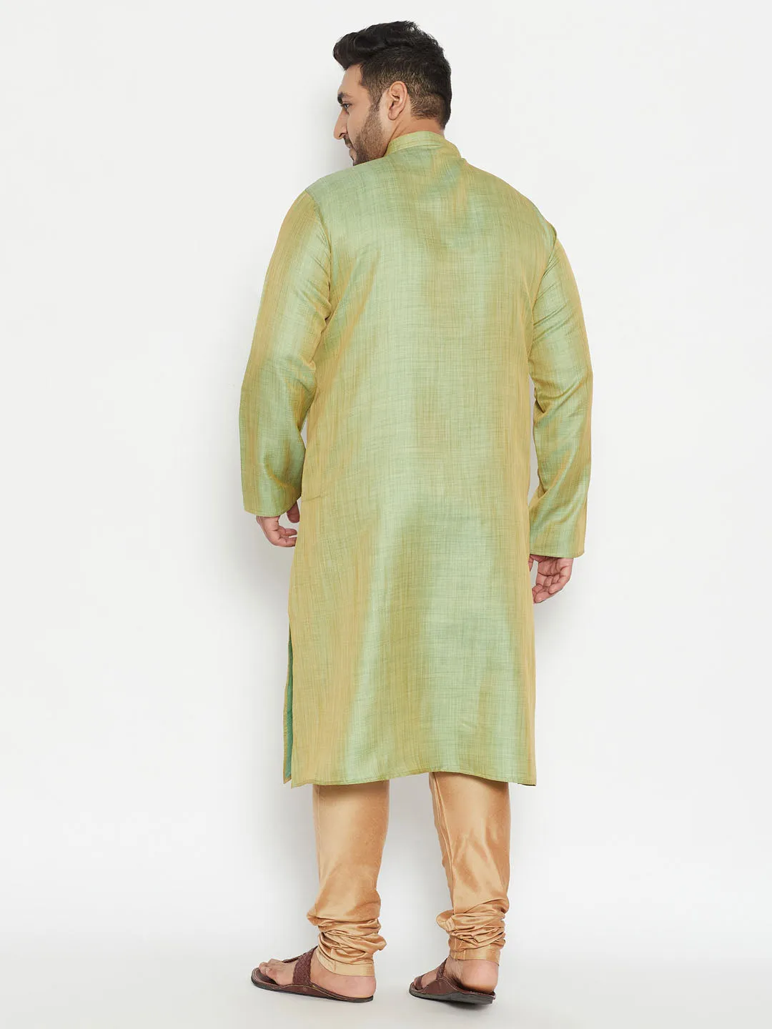 Jashvi Men's Plus Size Mint Green Kurta And Rose Gold Pyjama Set