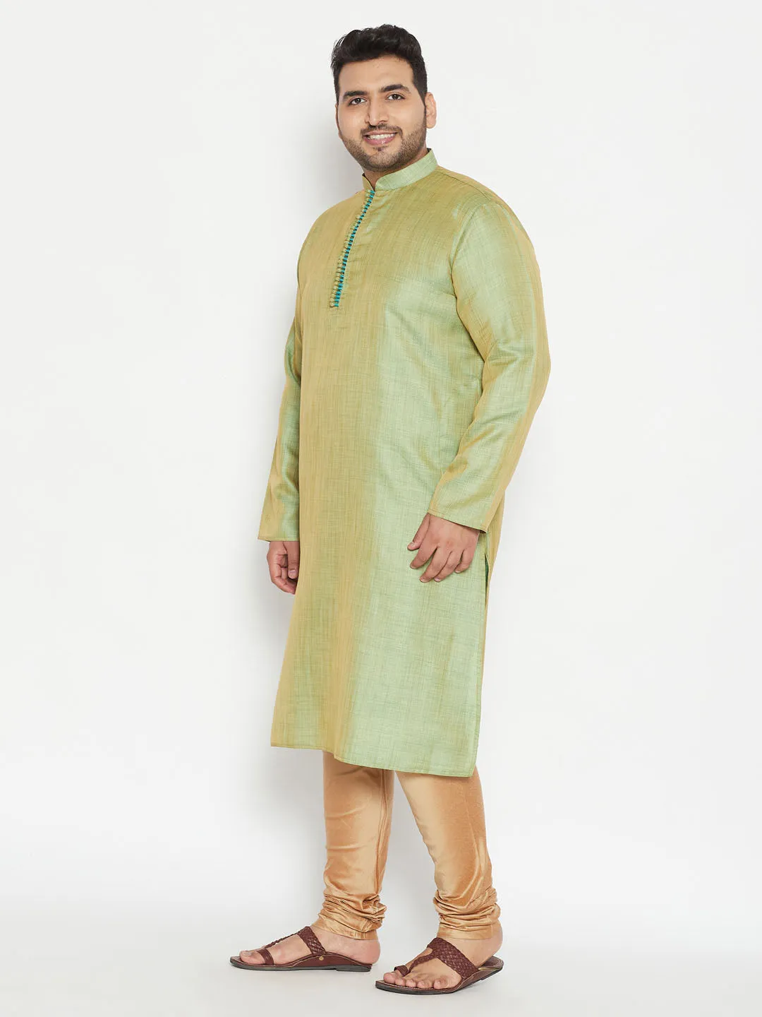 Jashvi Men's Plus Size Mint Green Kurta And Rose Gold Pyjama Set