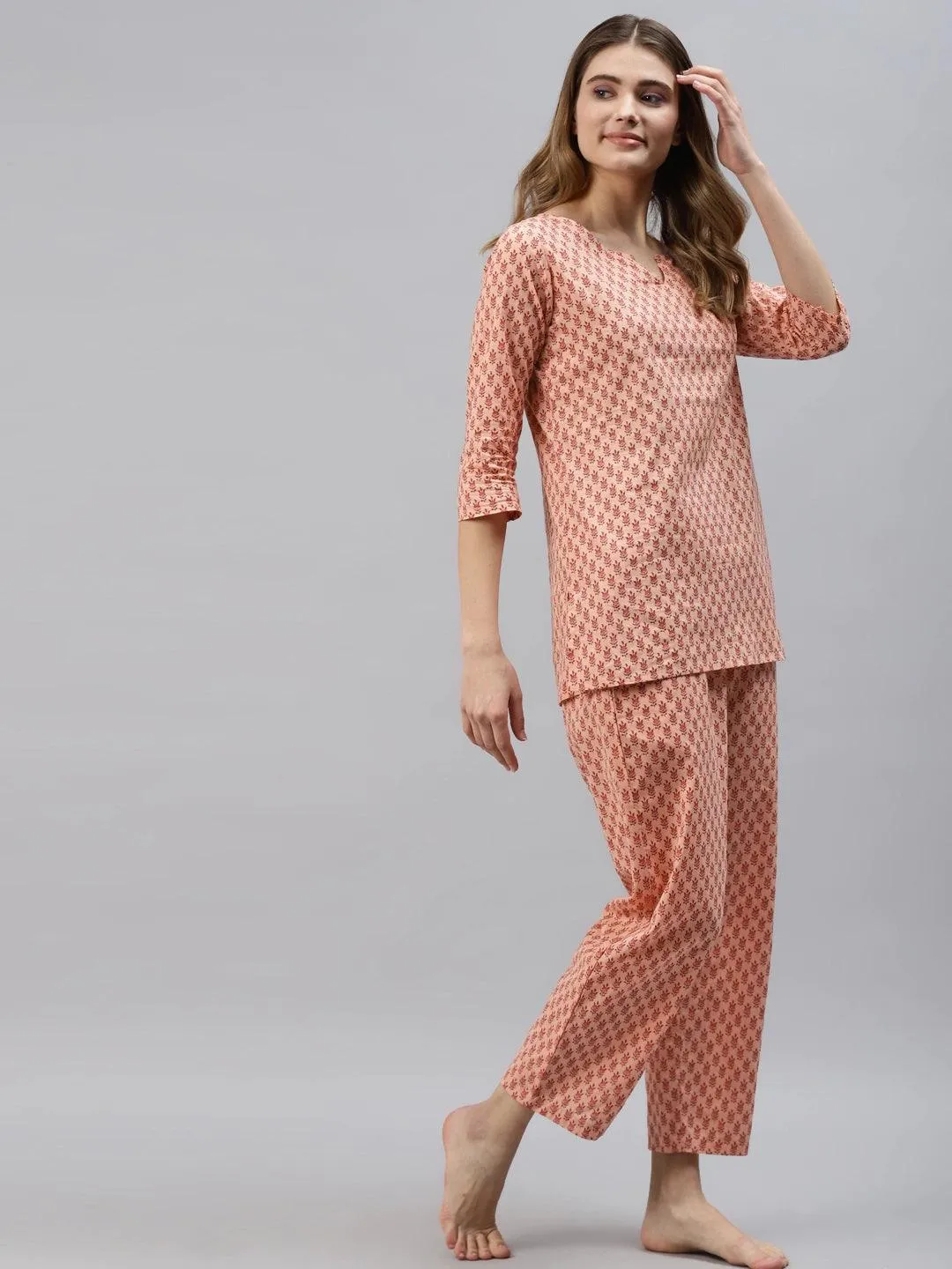 Jashvi Peach Floral Printed Night Suit