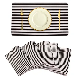 Kuber Industries Placemat | Placemats for Dining Room | Anti-Slip Table Mat Set | Placemats for Kitchen Table | Dining Table Placemats | Lining-Design Placemat | 6 Piece Set | Black