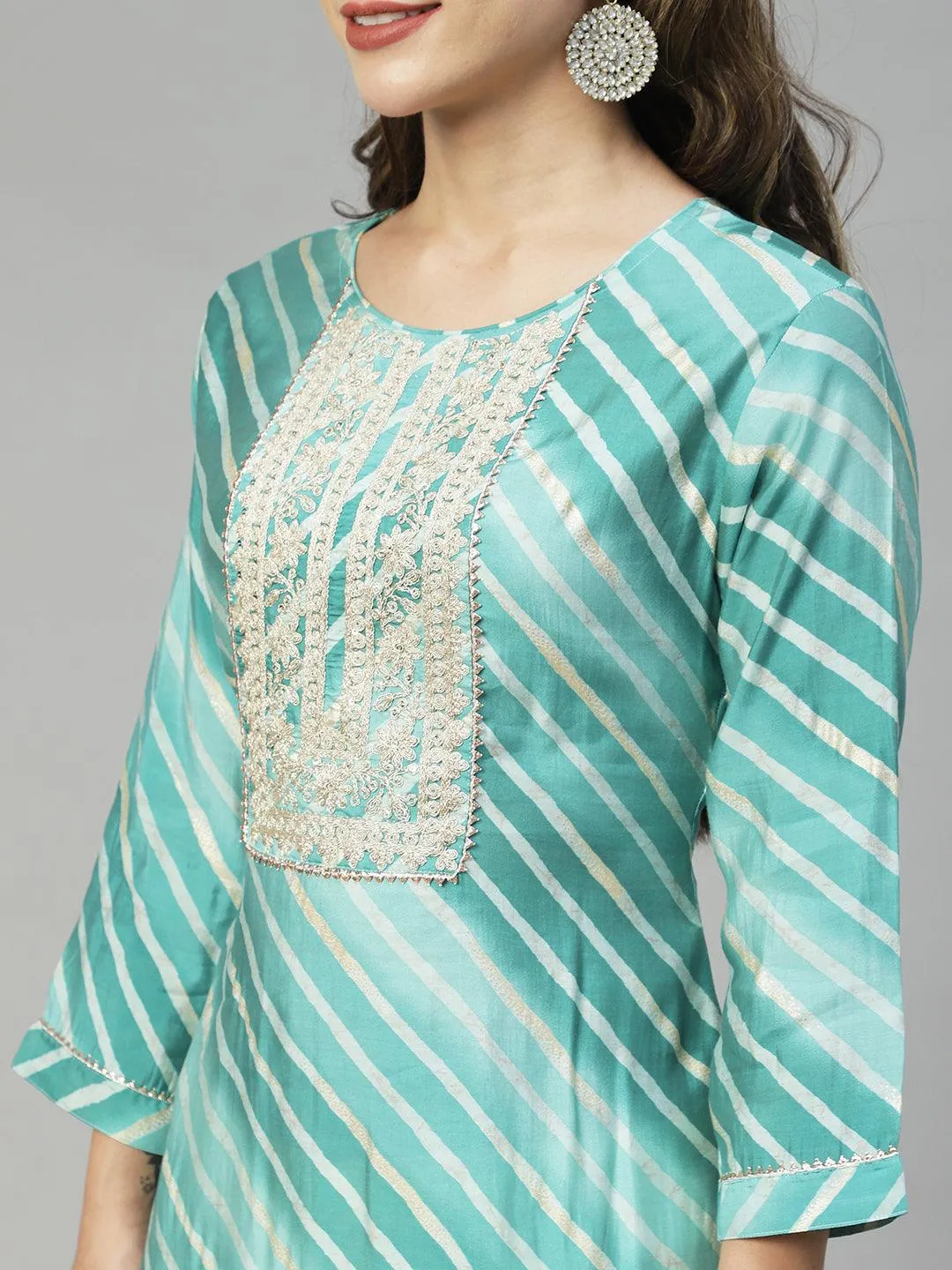 Leheriya Printed & Embroidered Straight Fit Kurta - Mint Green