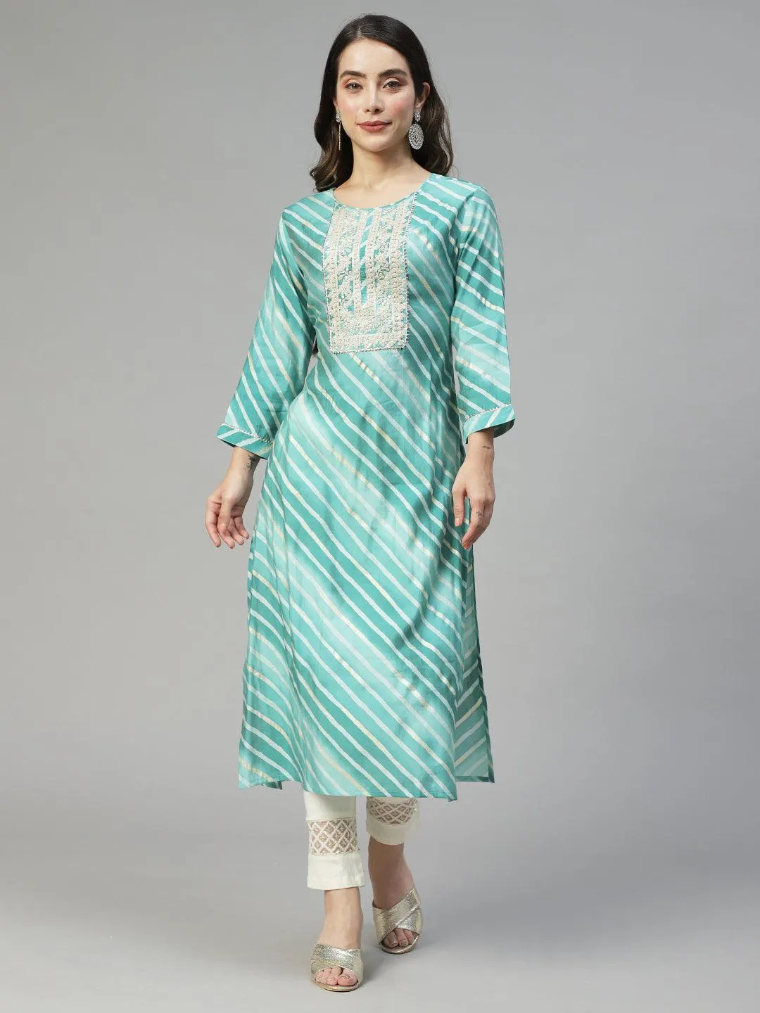 Leheriya Printed & Embroidered Straight Fit Kurta - Mint Green