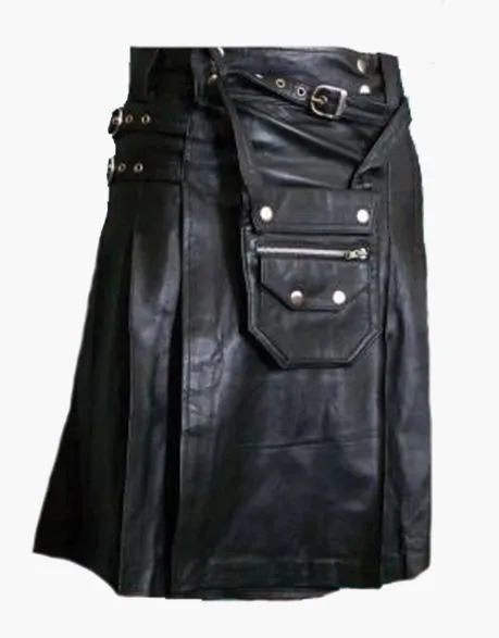 MEN'S DETACHABLE POCKET PURE BLACK LEATHER UTILITY KILT