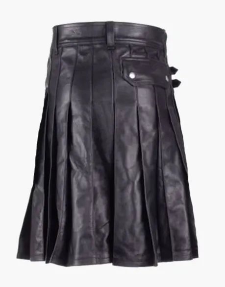 MEN'S DETACHABLE POCKET PURE BLACK LEATHER UTILITY KILT