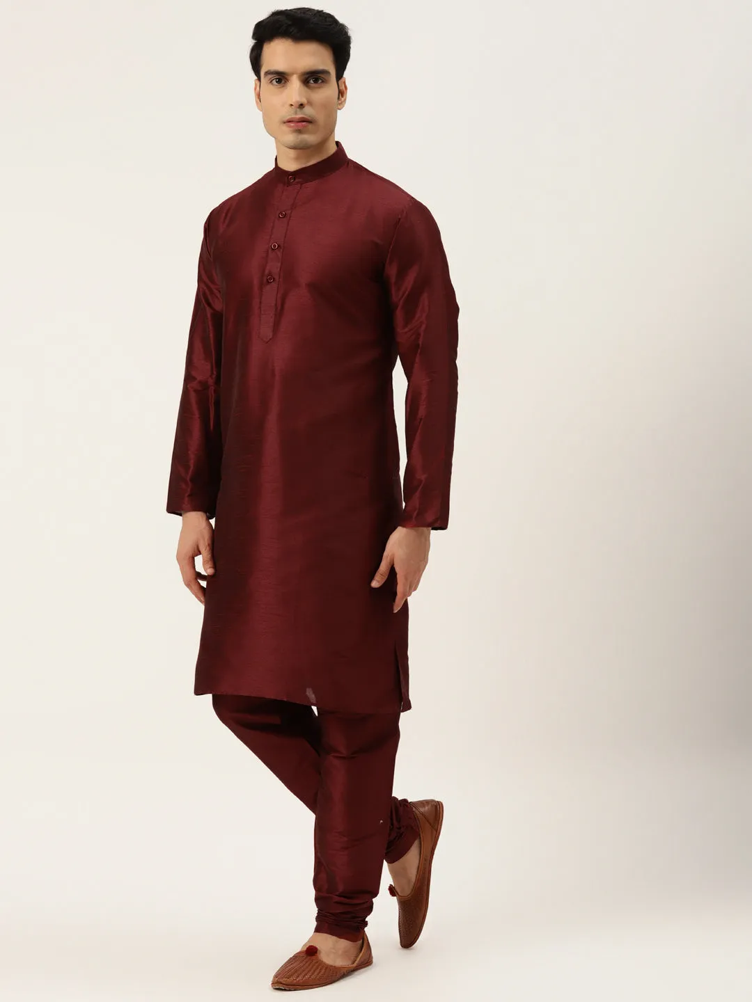 Men's Silk Blend Maroon Kurta Pyjama & Yellow Sherwani Set - Sojanya