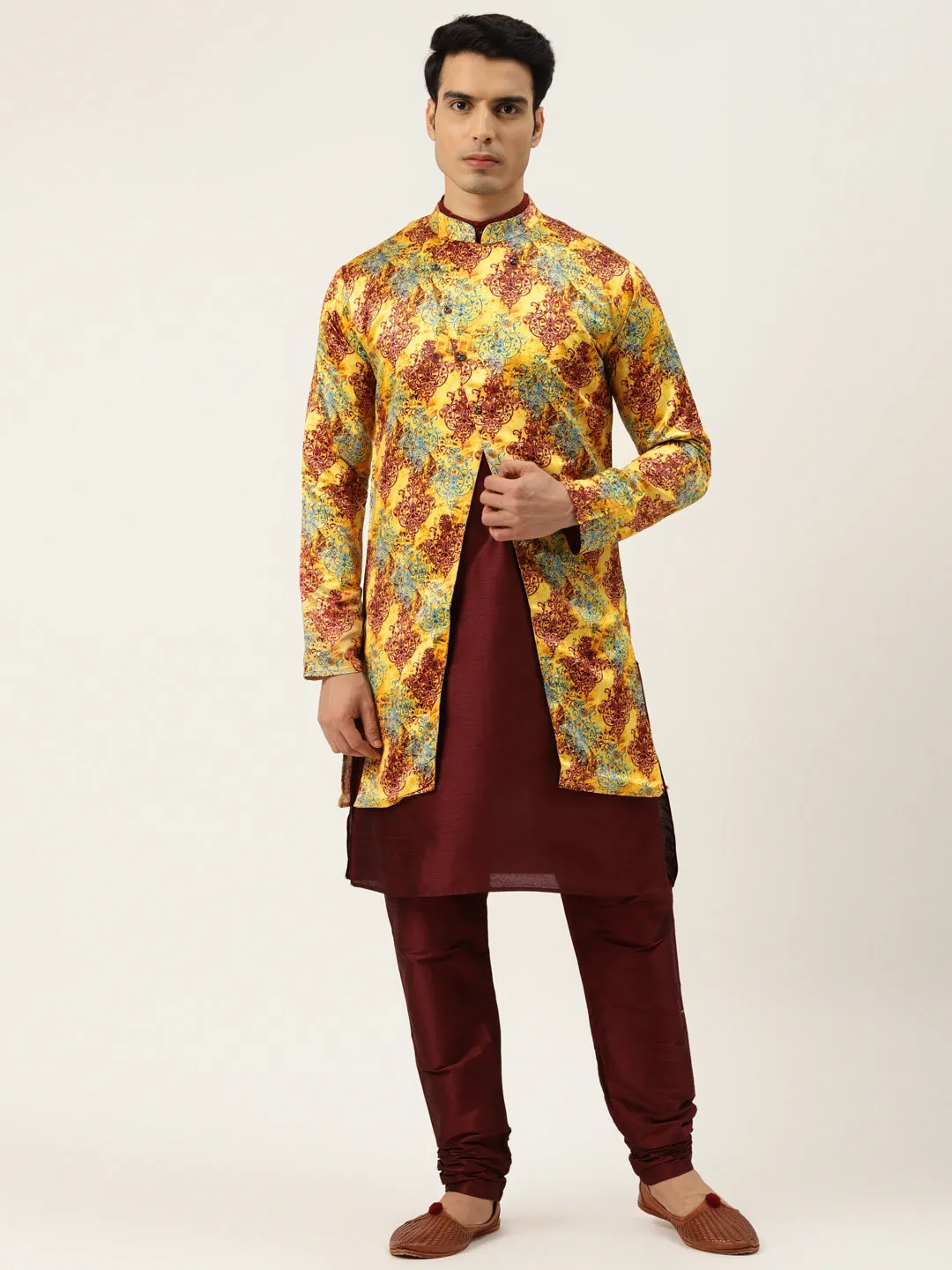 Men's Silk Blend Maroon Kurta Pyjama & Yellow Sherwani Set - Sojanya