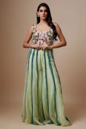 Mint Embroidered Bustier With Back Tie-Up And Organza Sharara