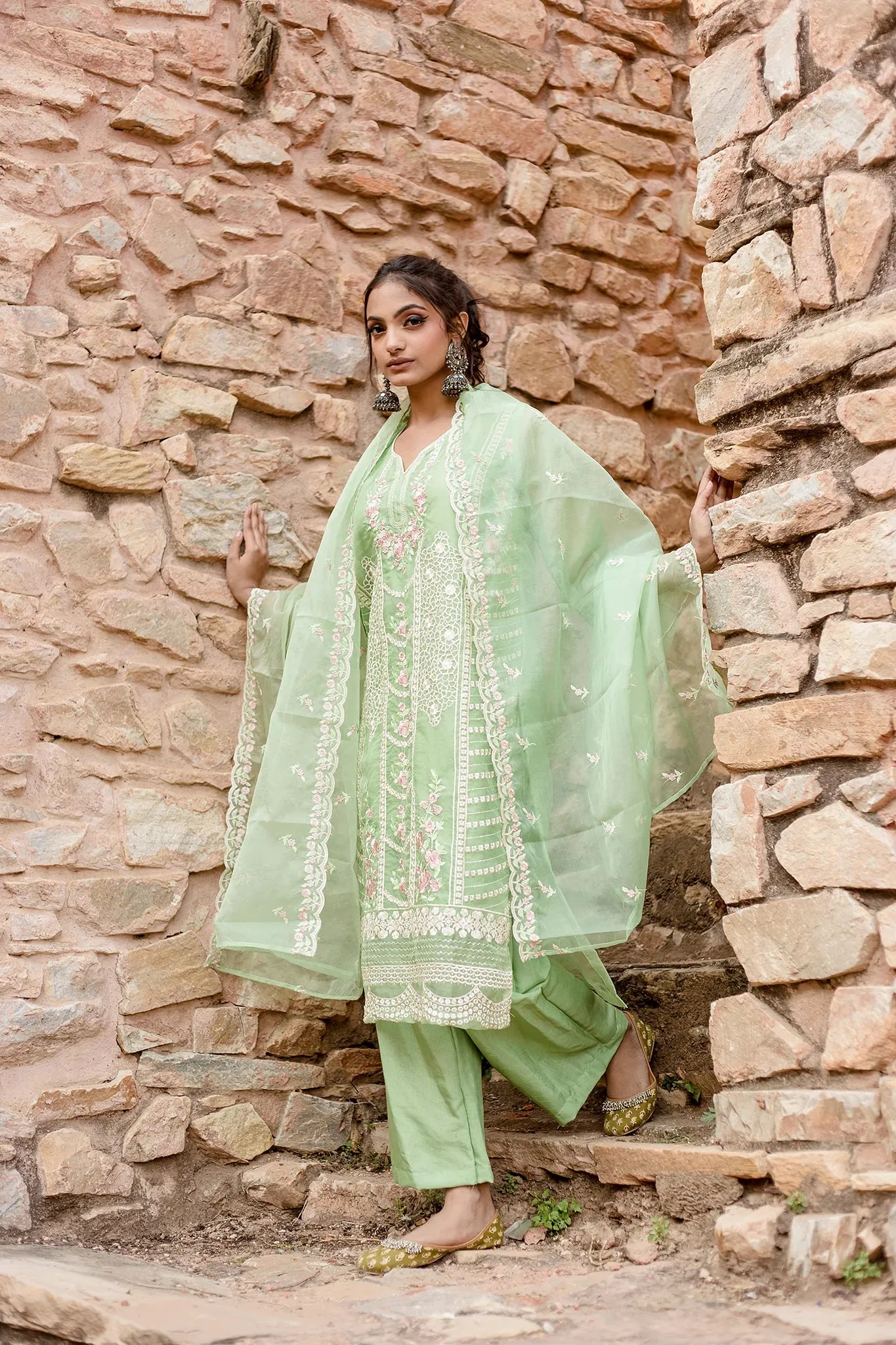 Mint Green Embroidered Kurta Set With Chanderi Dupatta