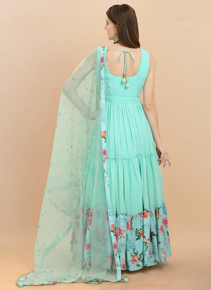 Mint Green Embroidered Shaded Georgette Anarkali Gown