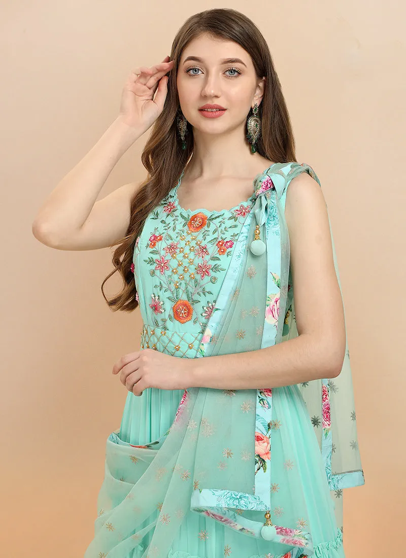 Mint Green Embroidered Shaded Georgette Anarkali Gown