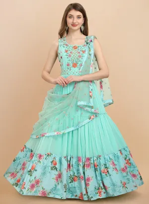 Mint Green Embroidered Shaded Georgette Anarkali Gown