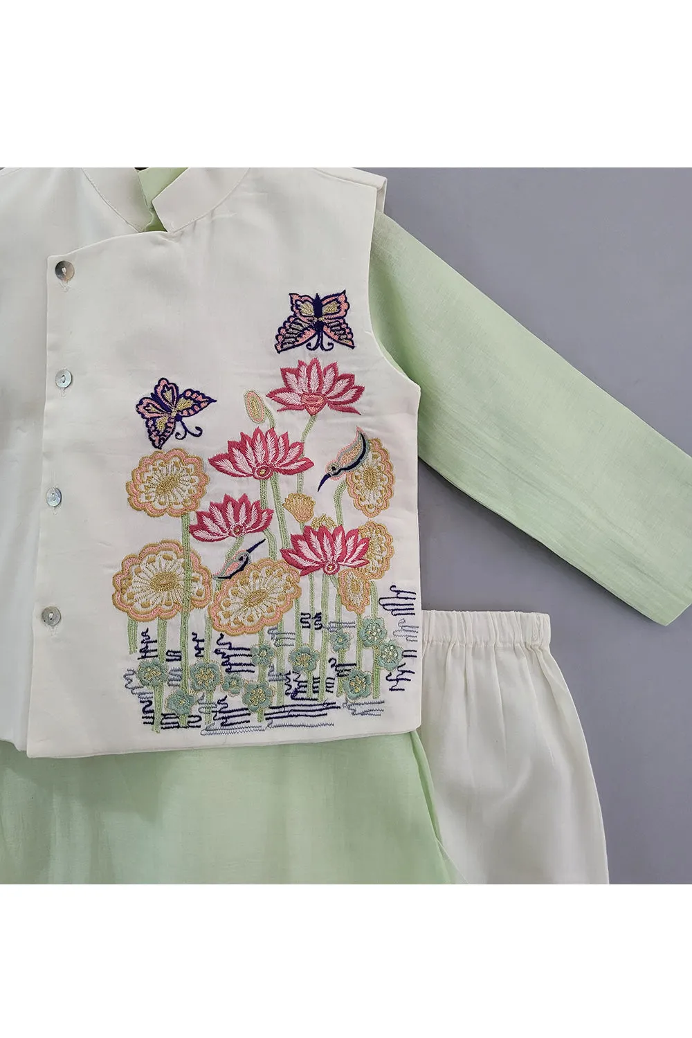 Mint Green Kurta With Lotus Pond Embroidered Jacket Set