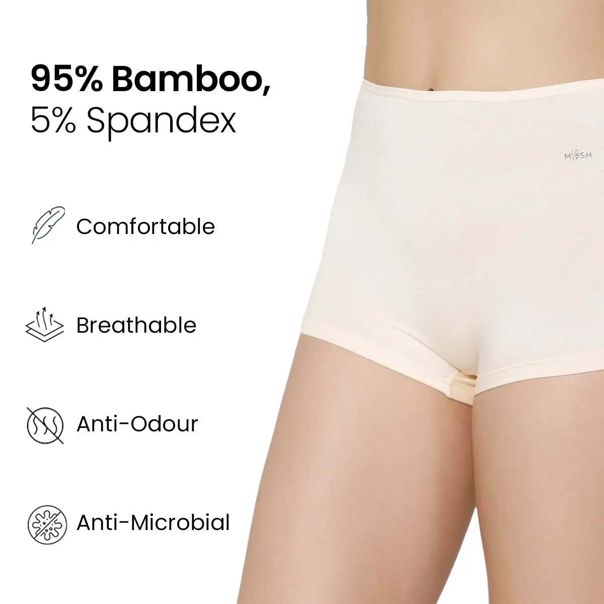 Mush Bamboo Boyshort Panties for Women | Ultra Soft Bamboo Underwear for Women | Breathable, Anti-Odor, Seamless & All Day Comfort Panties Pack of 3 (L, Beige)