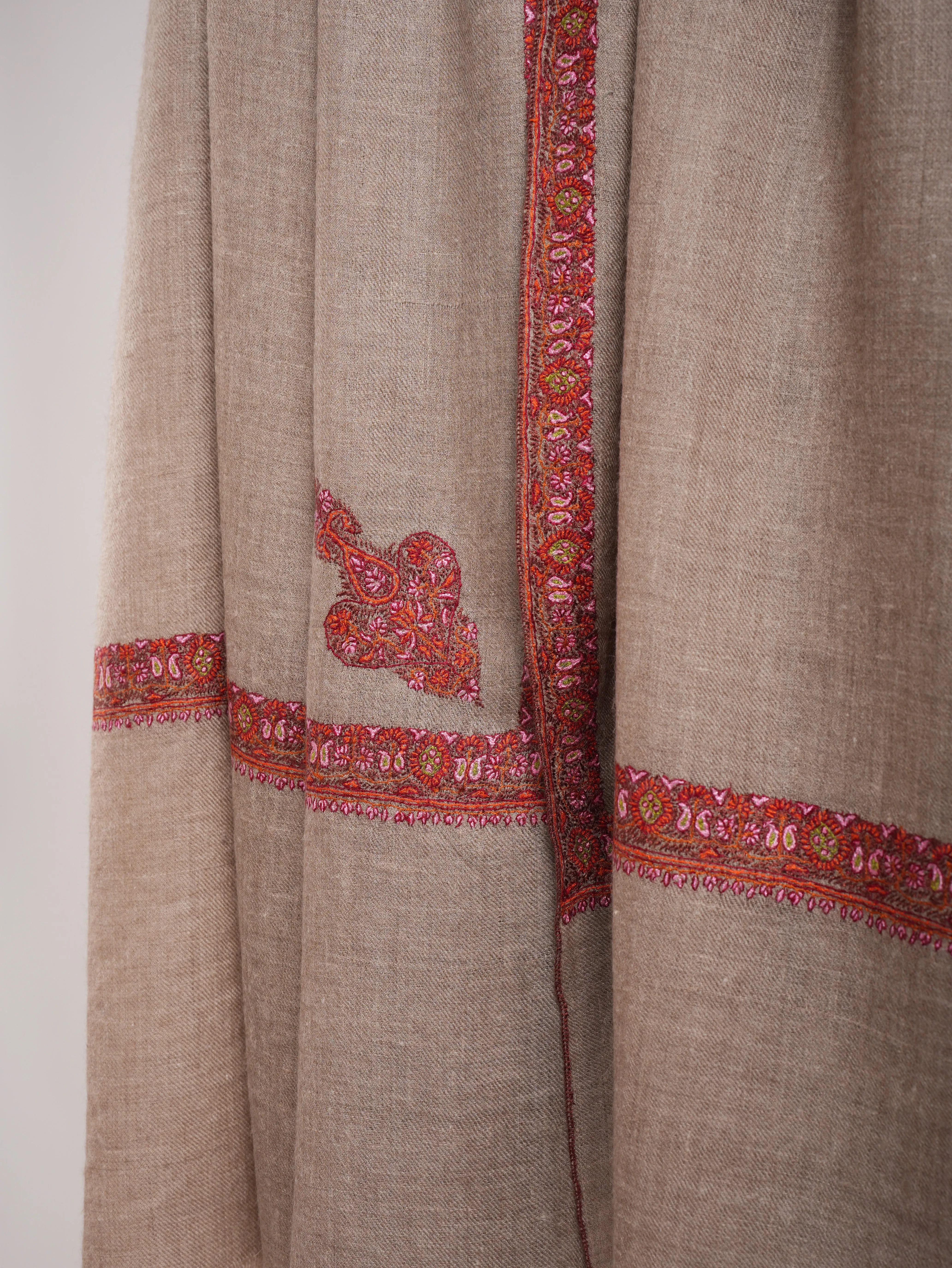 Natural Grey Sozni Embroidered Oversized Original Pashmina Shawl