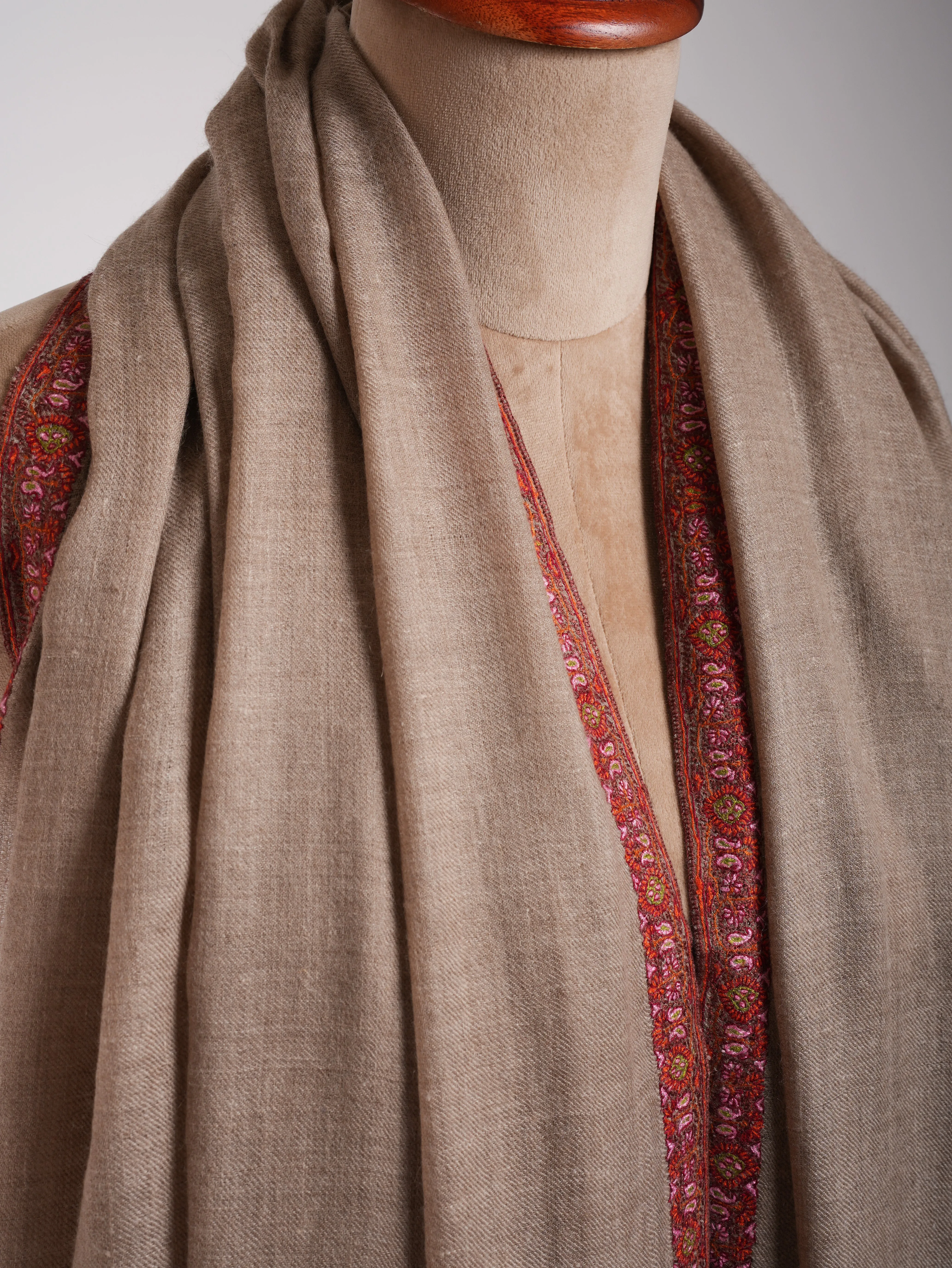 Natural Grey Sozni Embroidered Oversized Original Pashmina Shawl