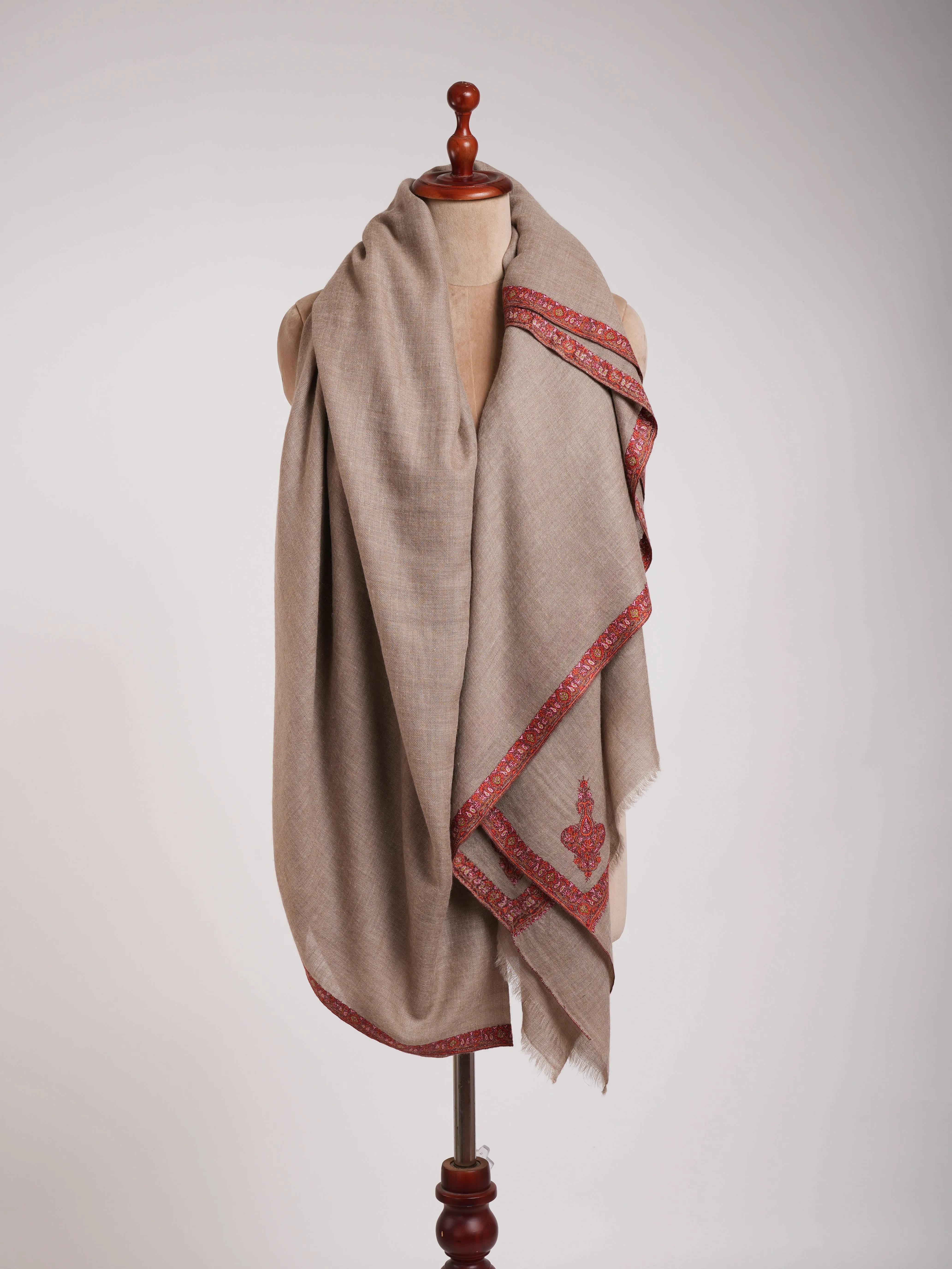 Natural Grey Sozni Embroidered Oversized Original Pashmina Shawl