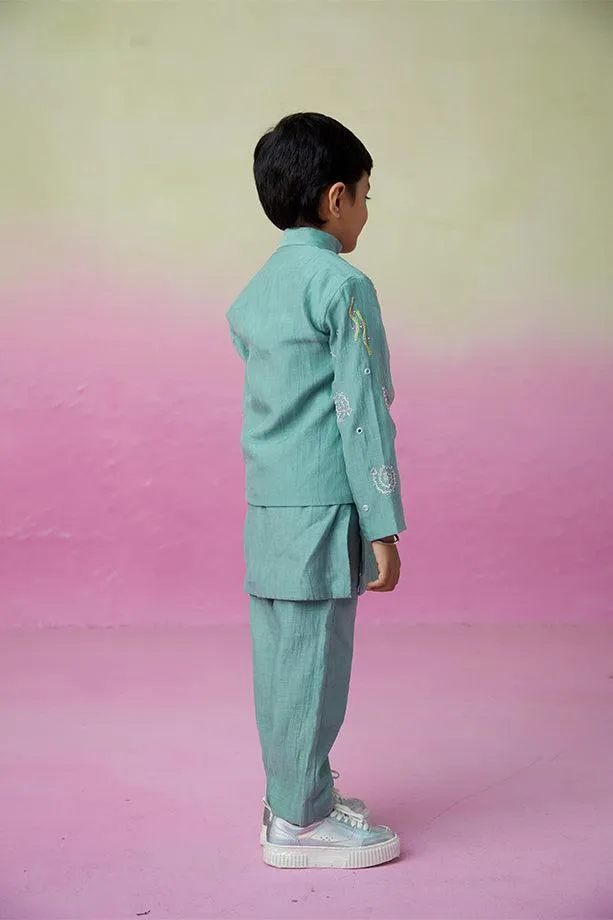 Ocean Voyager- Mint Hand Embroidered Kurta Jacket and Pants Set for Boys