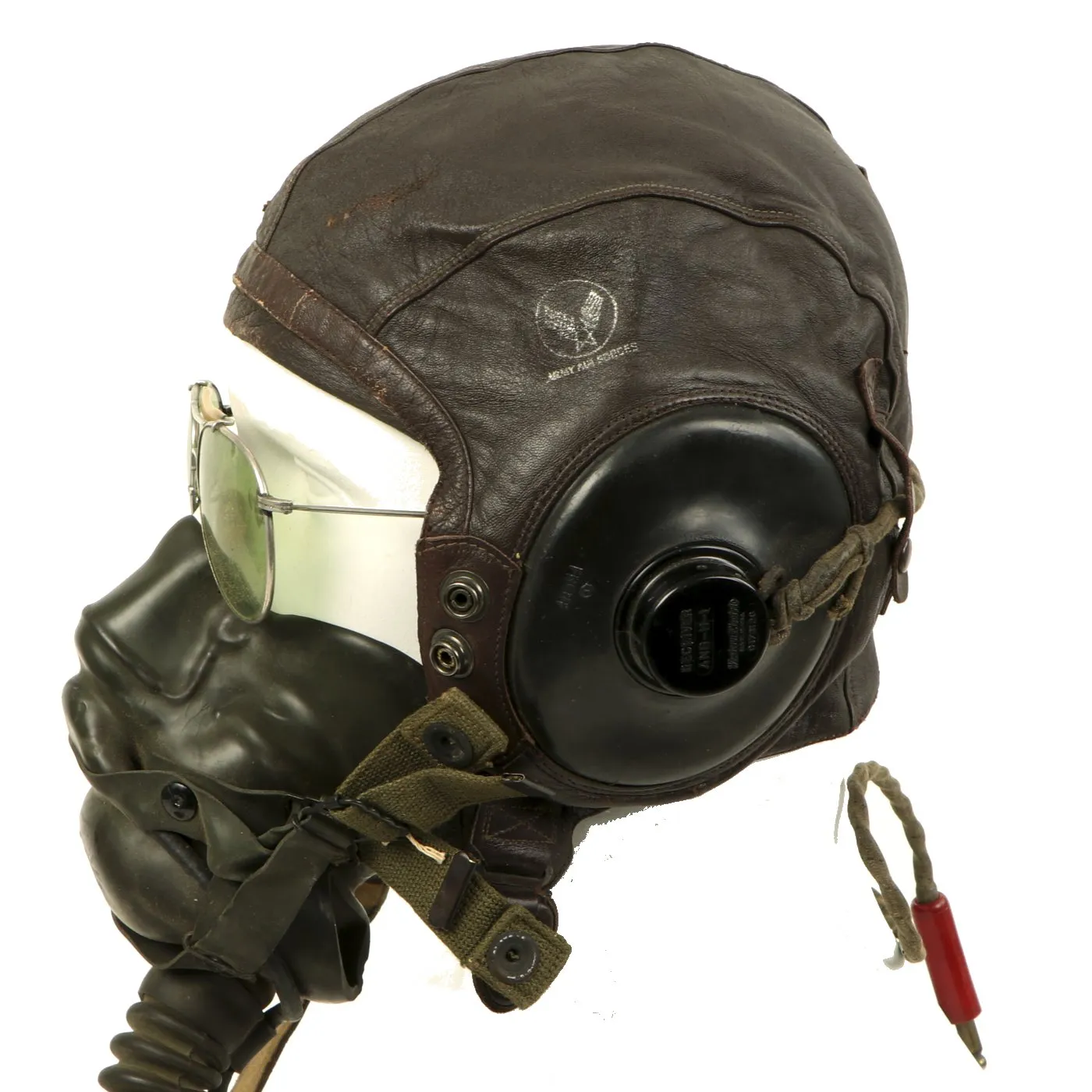 Original U.S. WWII Named Army Air Force Aviator Flight Helmet Set - Bausch and Lomb AN6531 Sunglass, A-14 Oxygen Mask, A-11 Flying Helmet