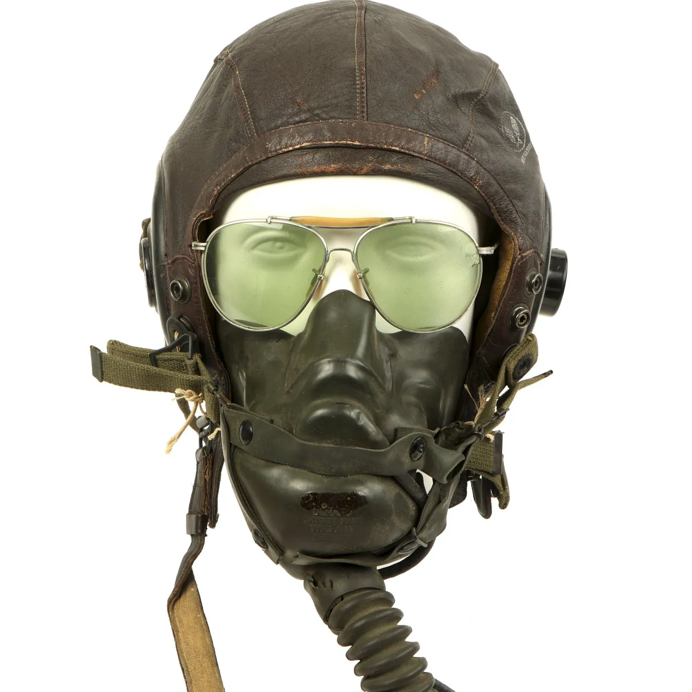 Original U.S. WWII Named Army Air Force Aviator Flight Helmet Set - Bausch and Lomb AN6531 Sunglass, A-14 Oxygen Mask, A-11 Flying Helmet