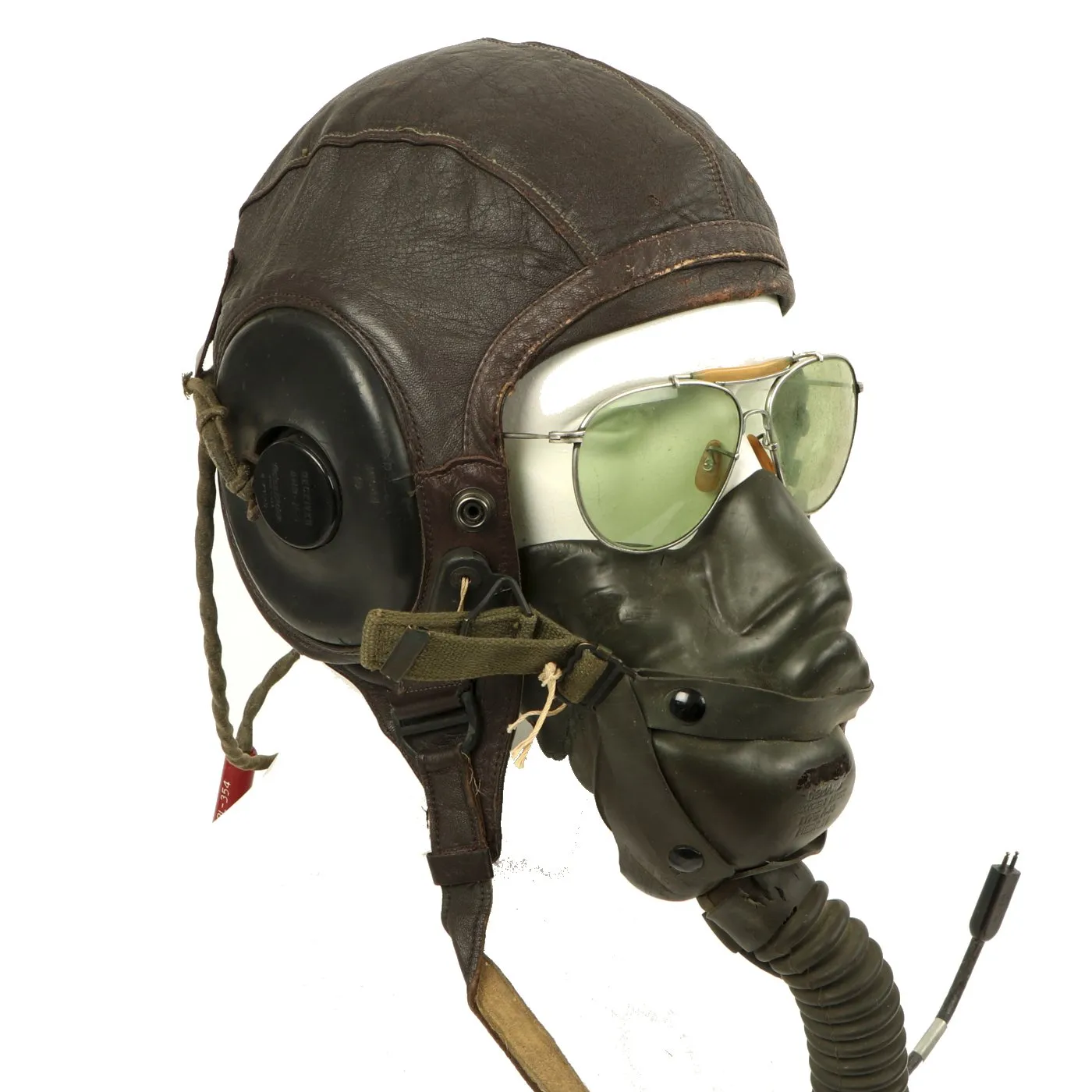 Original U.S. WWII Named Army Air Force Aviator Flight Helmet Set - Bausch and Lomb AN6531 Sunglass, A-14 Oxygen Mask, A-11 Flying Helmet