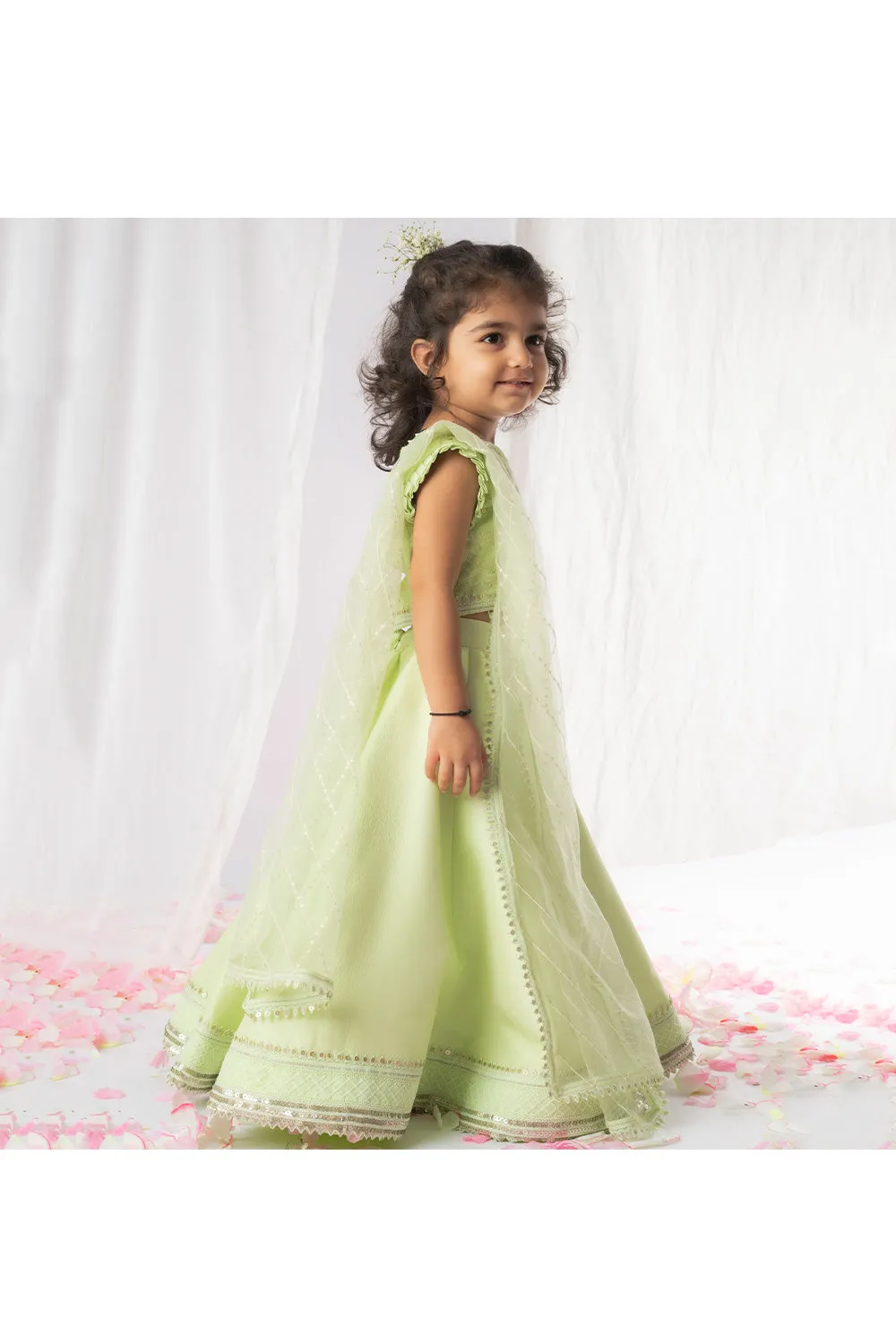 Pastel Green Sequins And Thread Embroidered Top With Lehnega Set