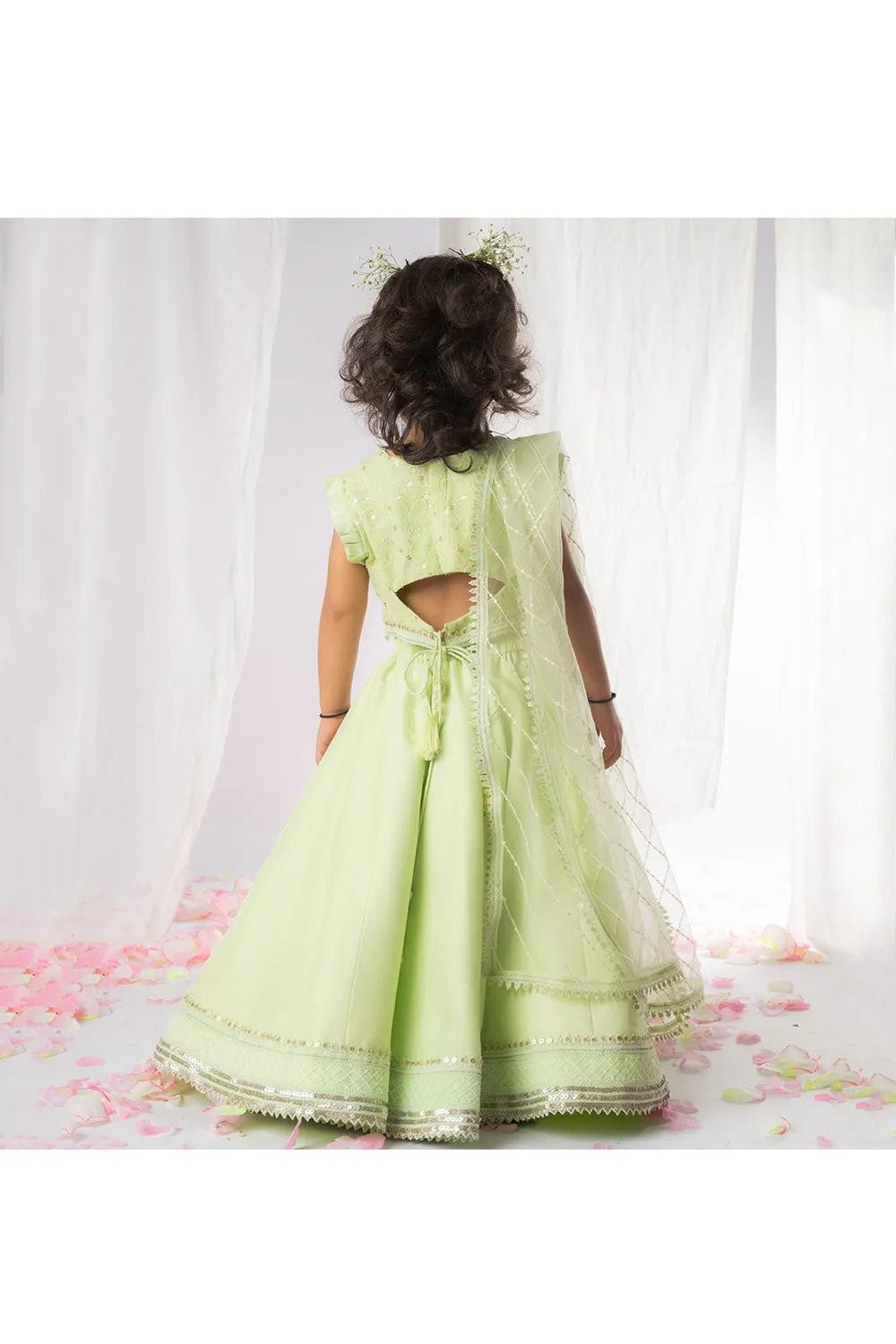 Pastel Green Sequins And Thread Embroidered Top With Lehnega Set