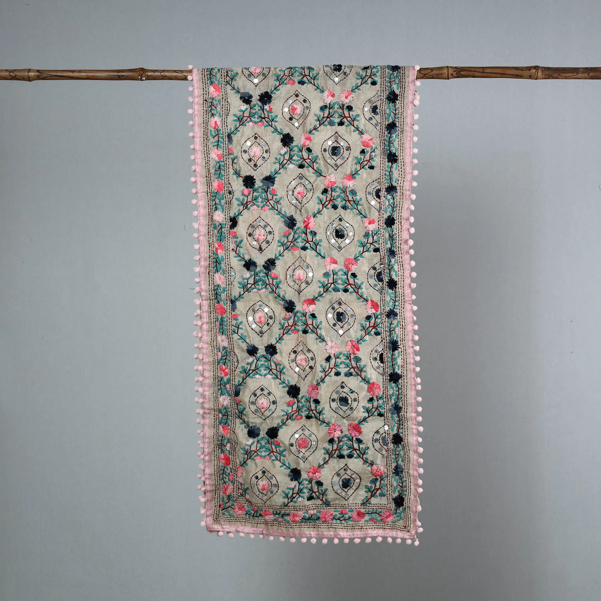 Pink - Ranihati Chanderi Silk Phulkari Embroidered Stole 10