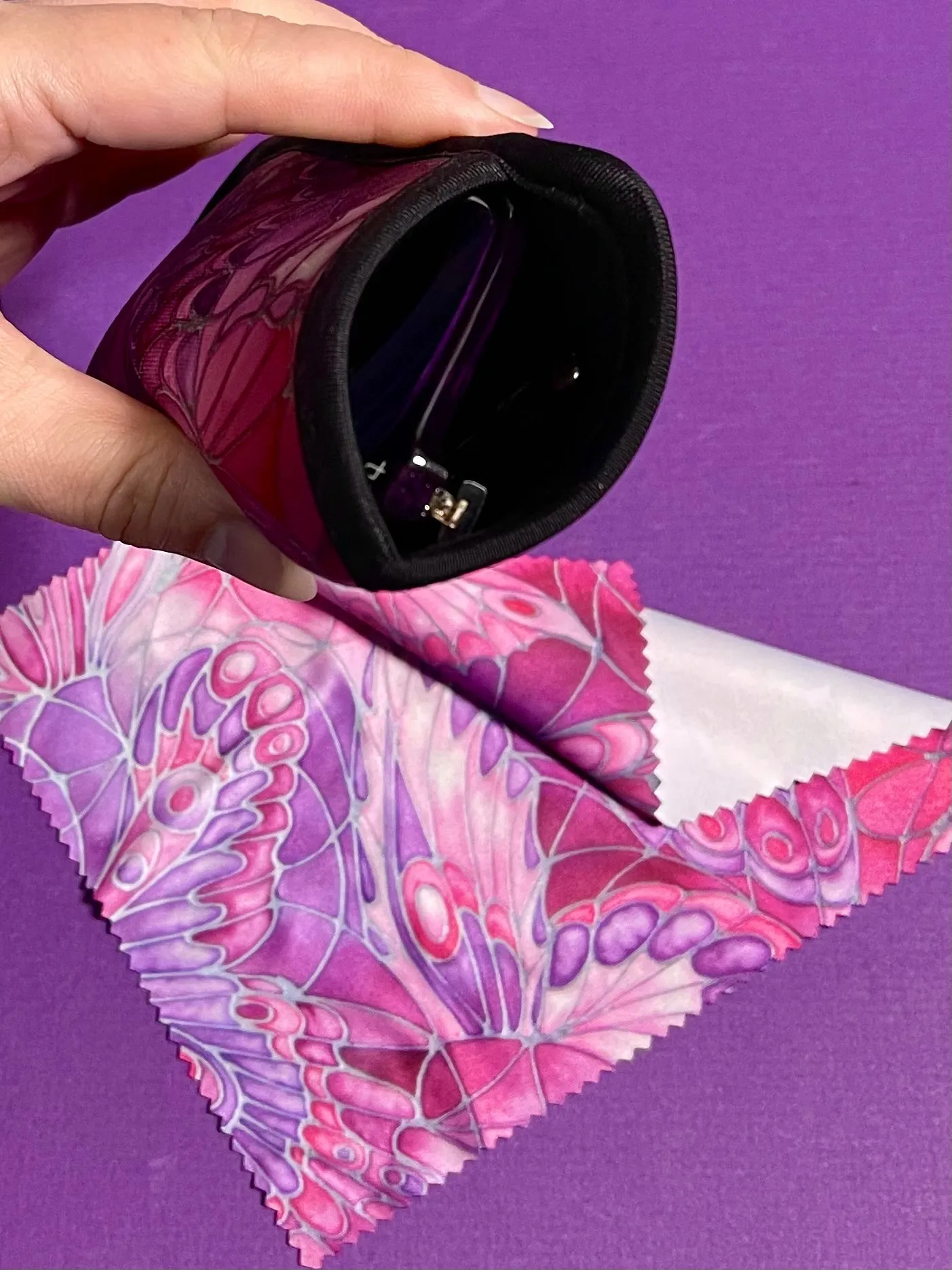 Plum Butterflies Glasses Cover & Cleaning Cloth - slip-on padded washable cover and microfibre cloth for glasses.