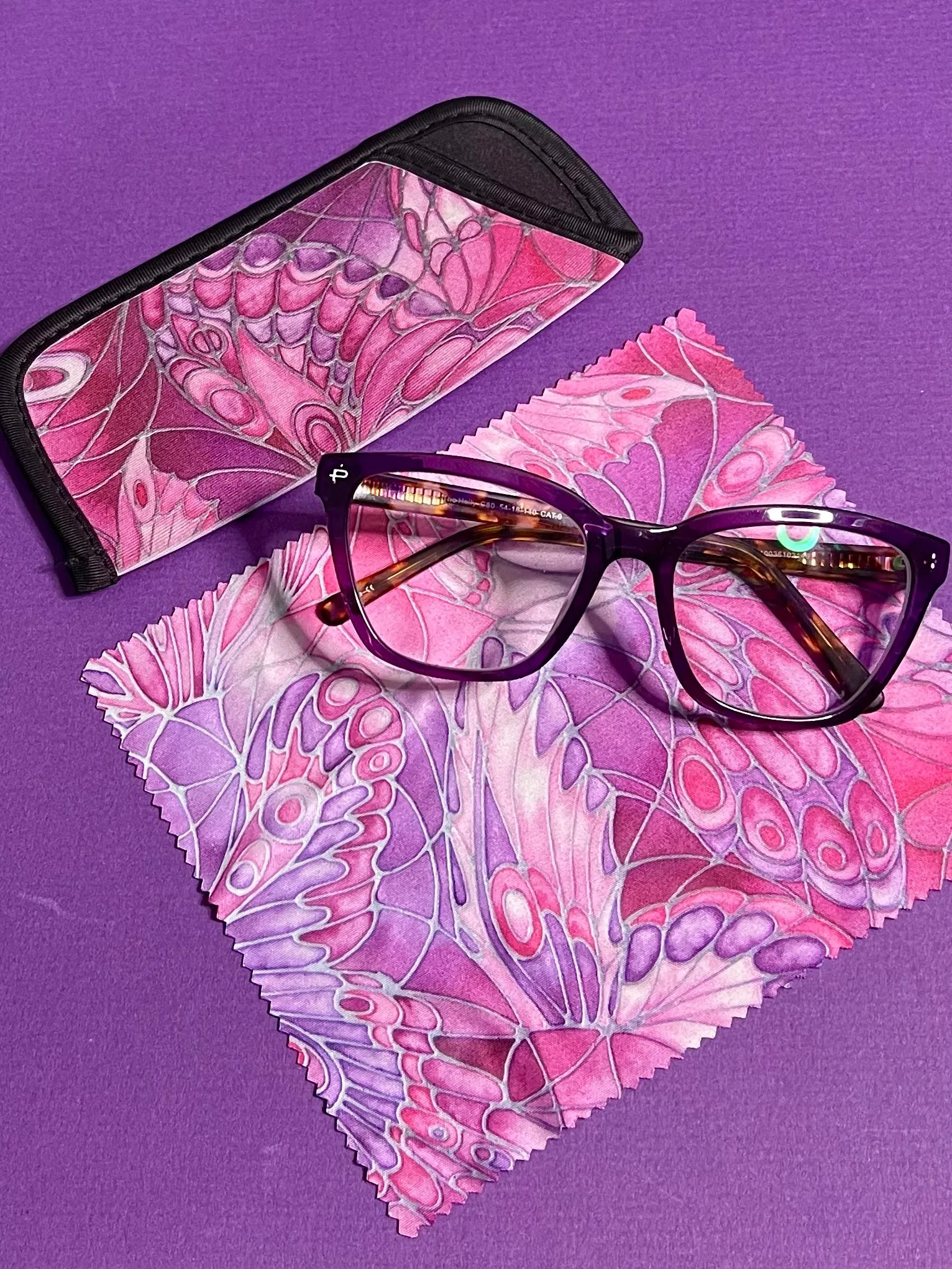 Plum Butterflies Glasses Cover & Cleaning Cloth - slip-on padded washable cover and microfibre cloth for glasses.