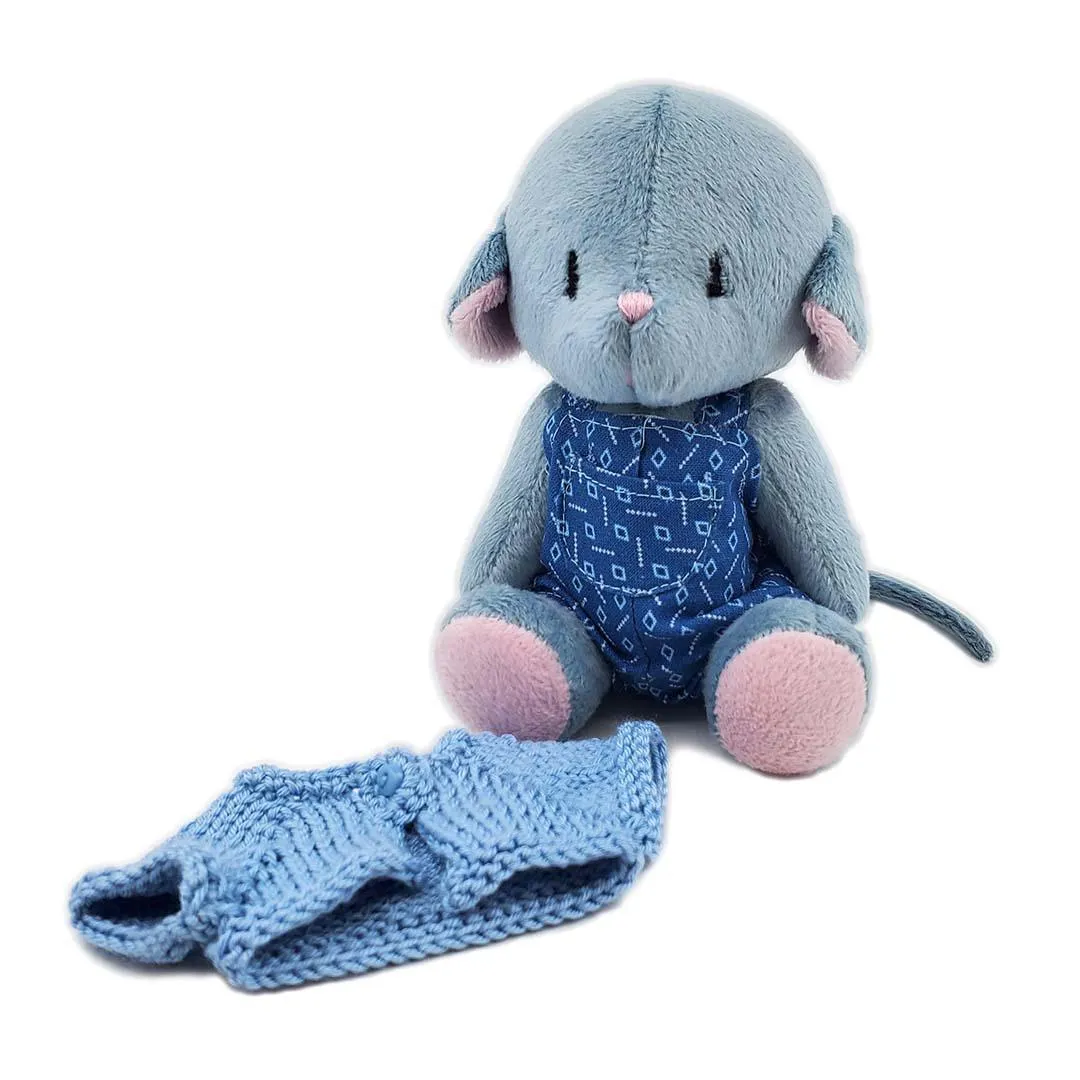 Plush - Gray Mouse in Blue Geo Overalls and Gray Cardigan by Frank and Bubby