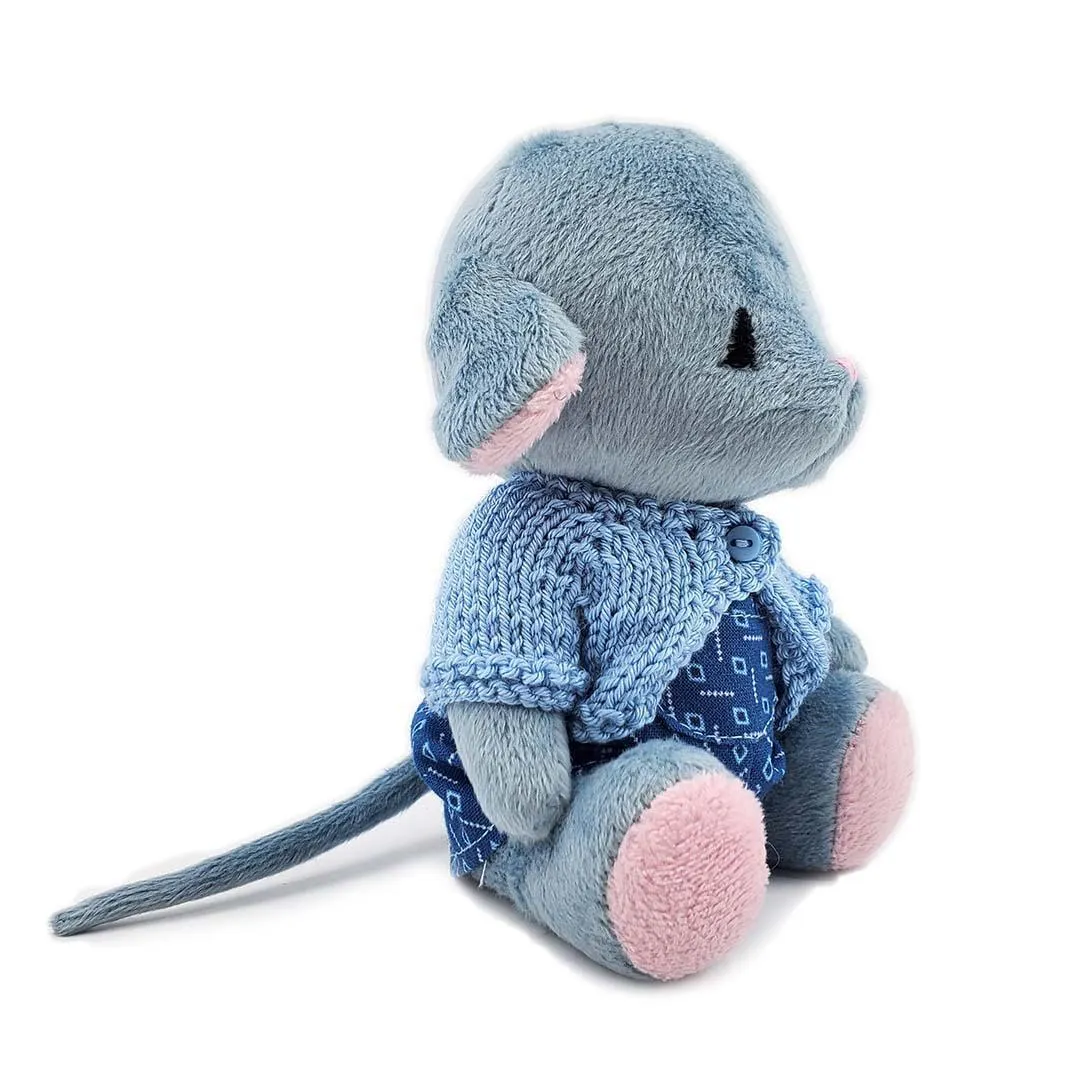 Plush - Gray Mouse in Blue Geo Overalls and Gray Cardigan by Frank and Bubby