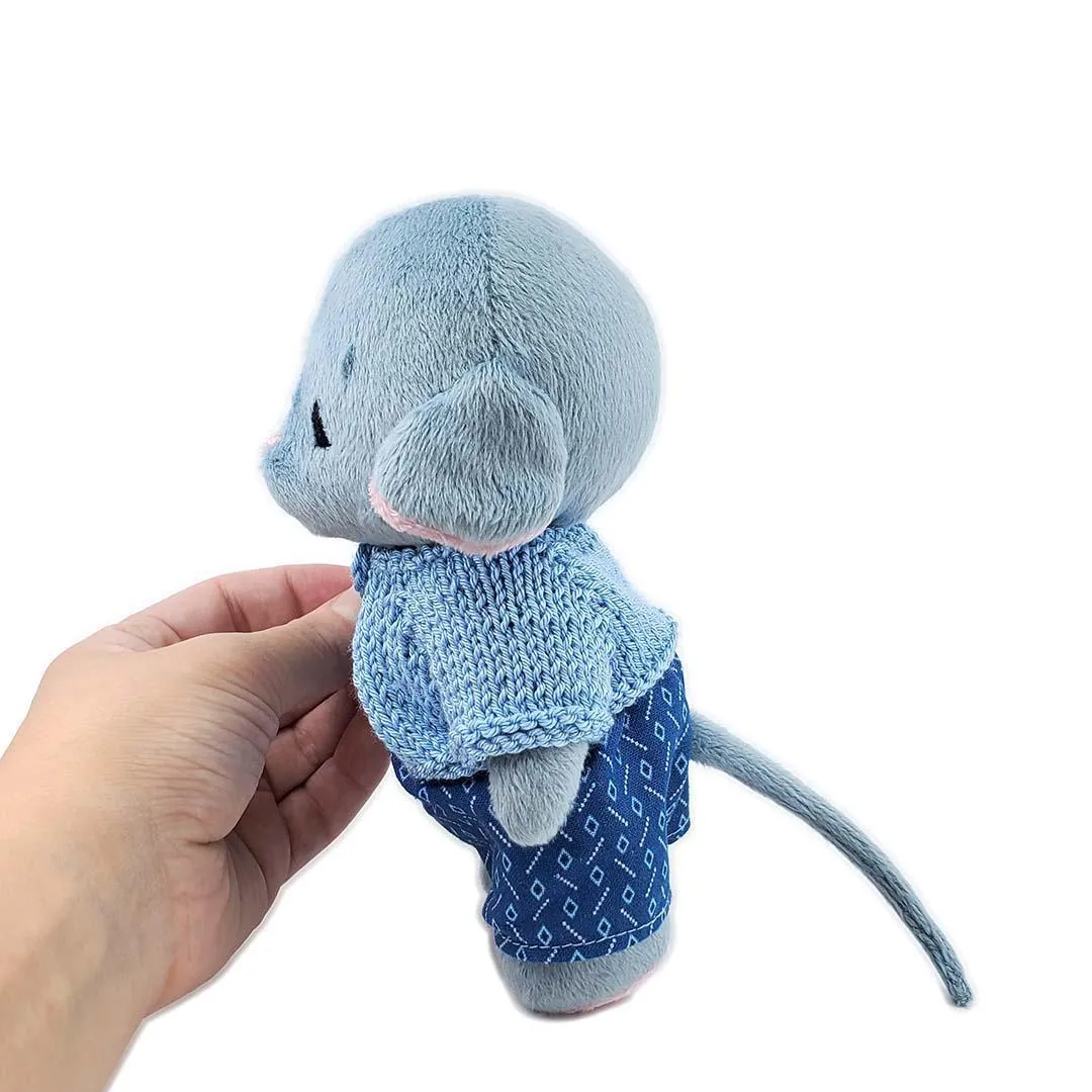 Plush - Gray Mouse in Blue Geo Overalls and Gray Cardigan by Frank and Bubby