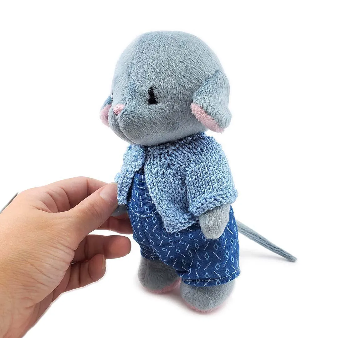 Plush - Gray Mouse in Blue Geo Overalls and Gray Cardigan by Frank and Bubby