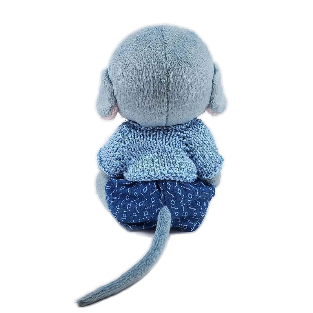 Plush - Gray Mouse in Blue Geo Overalls and Gray Cardigan by Frank and Bubby