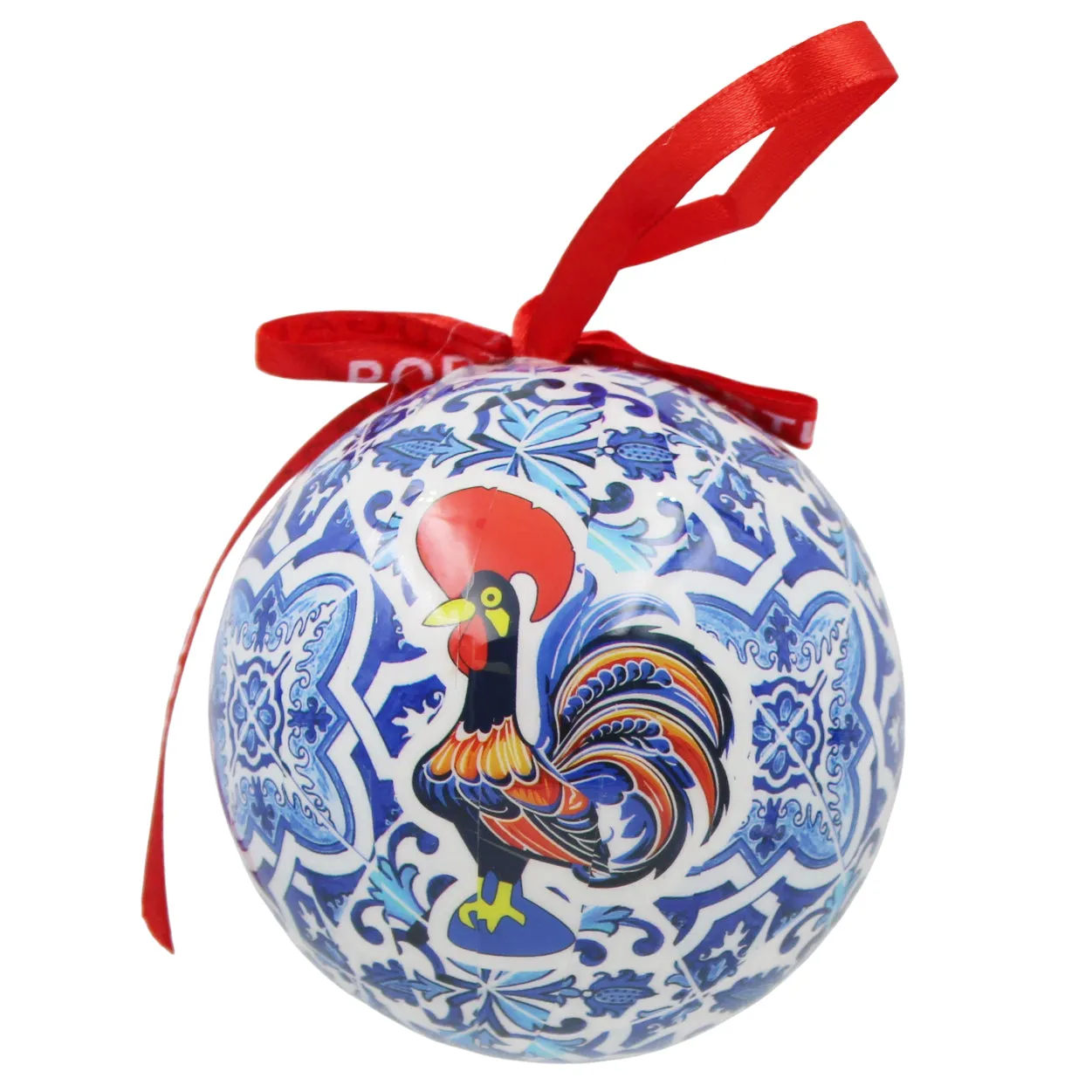 Portugal Christmas Ornament with Blue Azulejo-Style Design and Red Portugal Ribbon