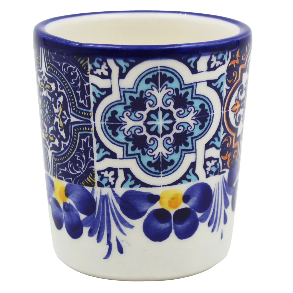 Portuguese Azulejo Ceramic Espresso Cup Set of 2 - Blue Tile Pattern with Floral Hand-Painted Design