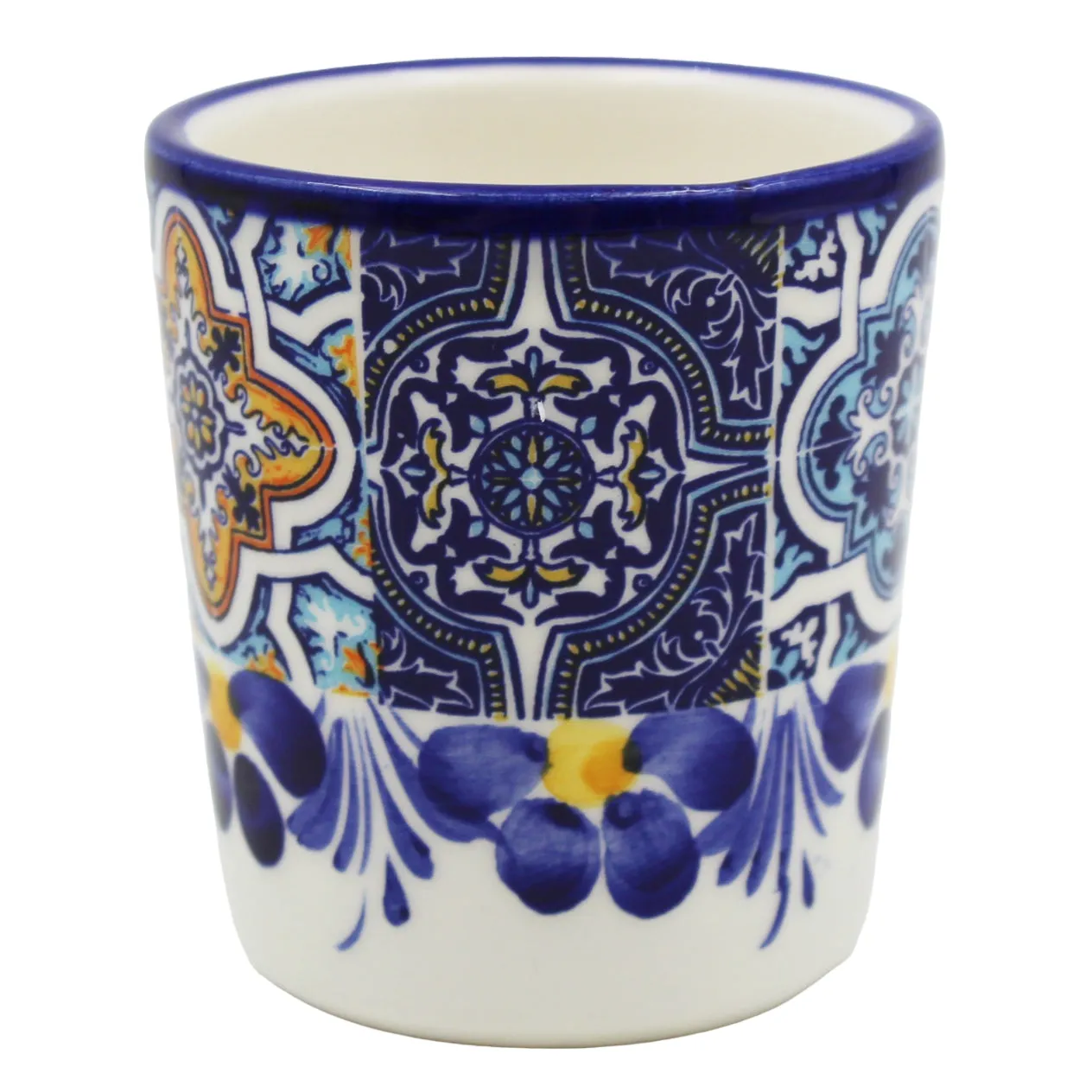 Portuguese Azulejo Ceramic Espresso Cup Set of 2 - Blue Tile Pattern with Floral Hand-Painted Design