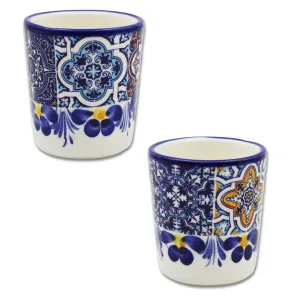 Portuguese Azulejo Ceramic Espresso Cup Set of 2 - Blue Tile Pattern with Floral Hand-Painted Design