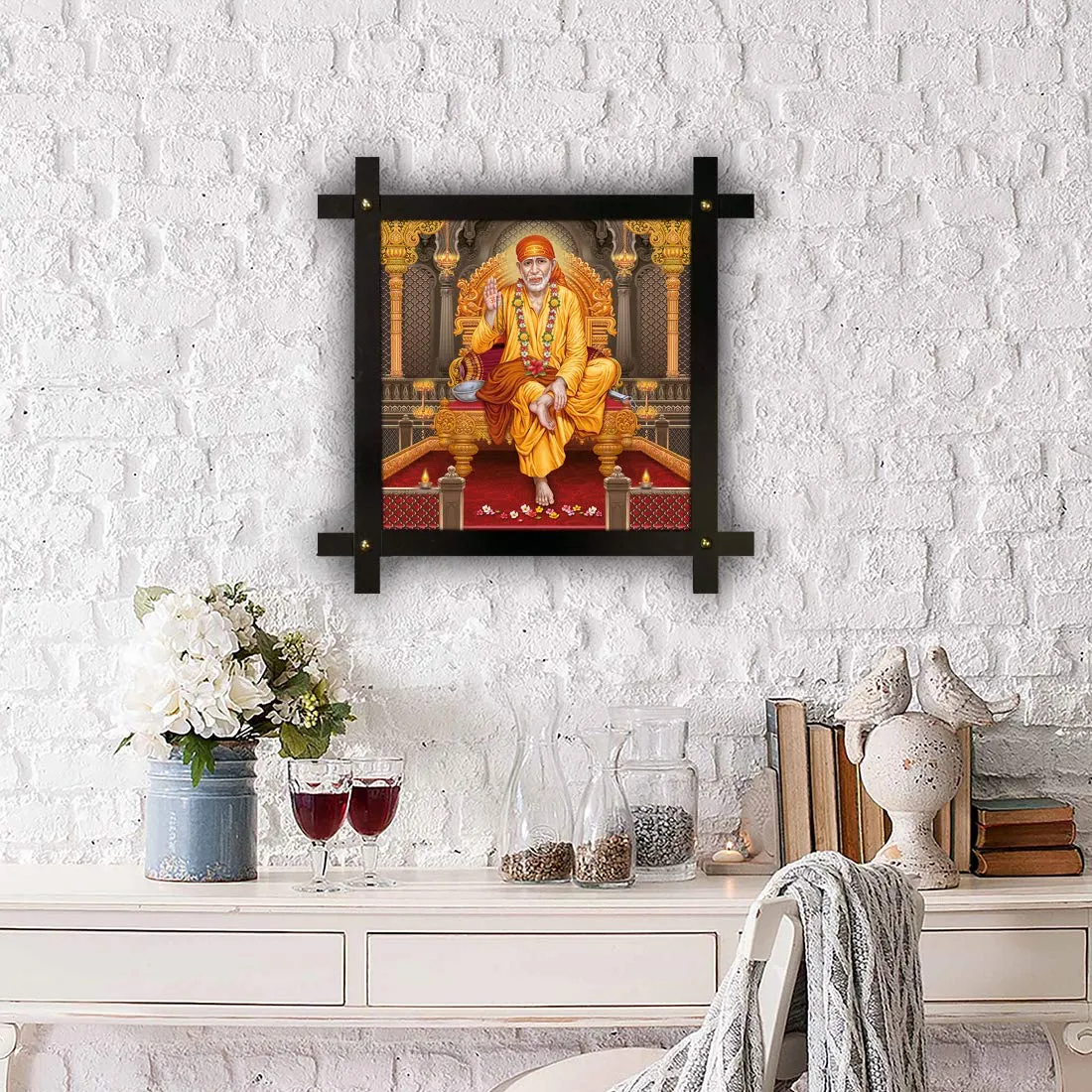 Poster n Frames Cross Wooden Frame Hand-Crafted with Photo of Sai Baba 20690-(16.5x16.5inch,Wood,Multicolour), Medium