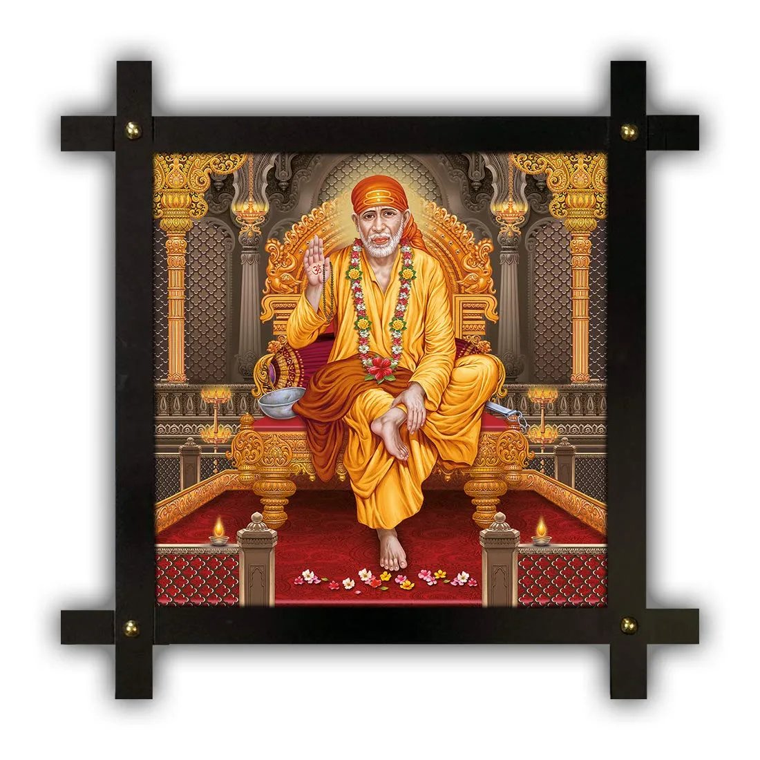 Poster n Frames Cross Wooden Frame Hand-Crafted with Photo of Sai Baba 20690-(16.5x16.5inch,Wood,Multicolour), Medium