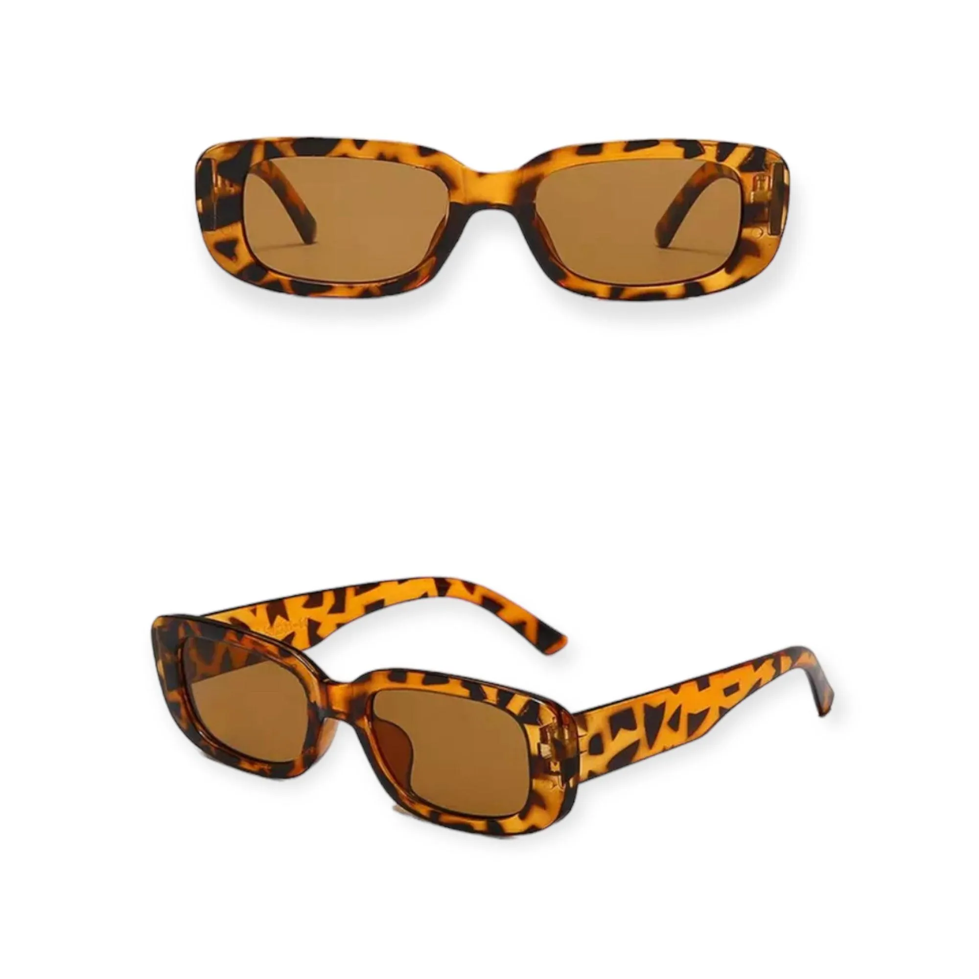 Rectangle Retro Slim Brown Animal Print Sunglasses