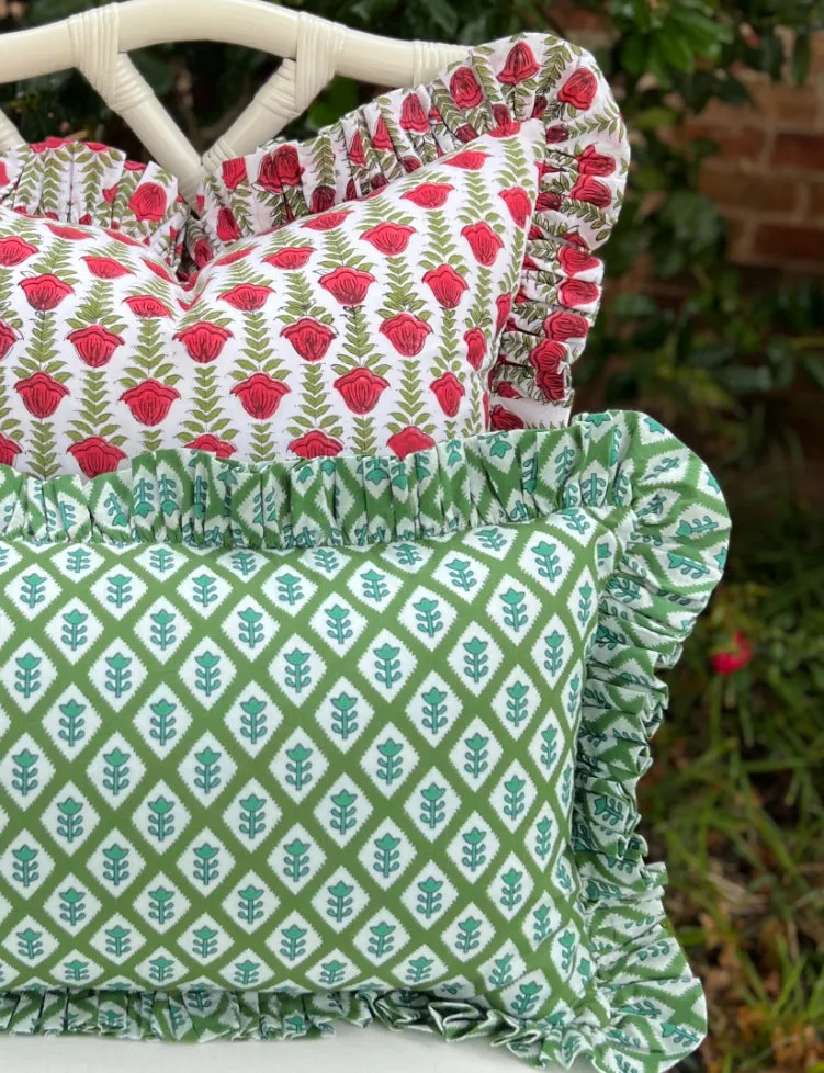 Red and green block print pillow cover with ruffle trim